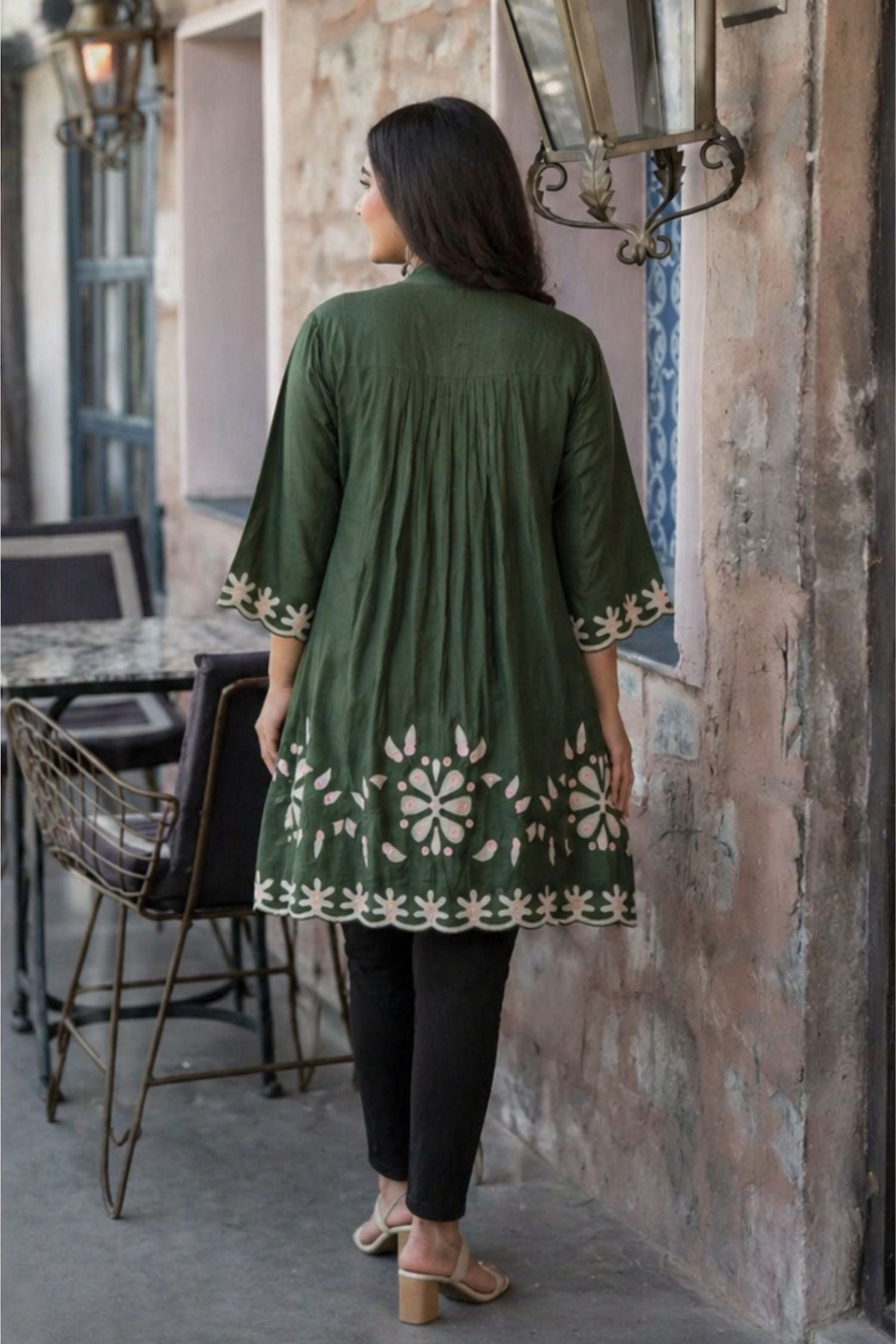 Dark Green Bloom Cotton Neck Printed Tunic
