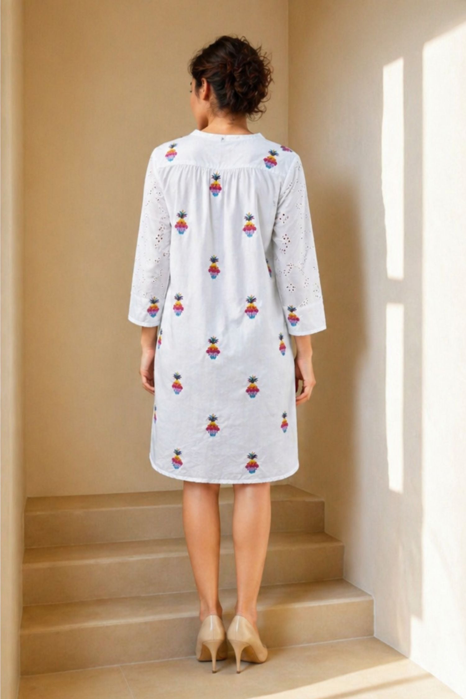 White Shirt-Style Tunic Dress with Playful Pineapple Print
