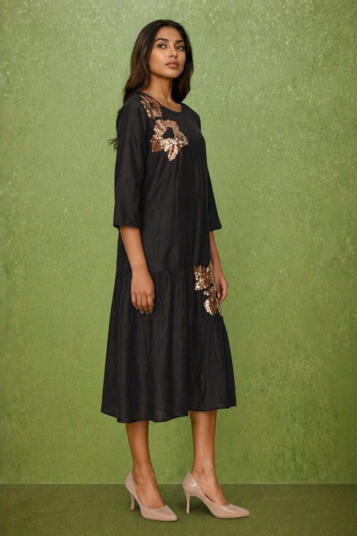 Black Satin Dress with Golden Floral Shoulder Embroidery