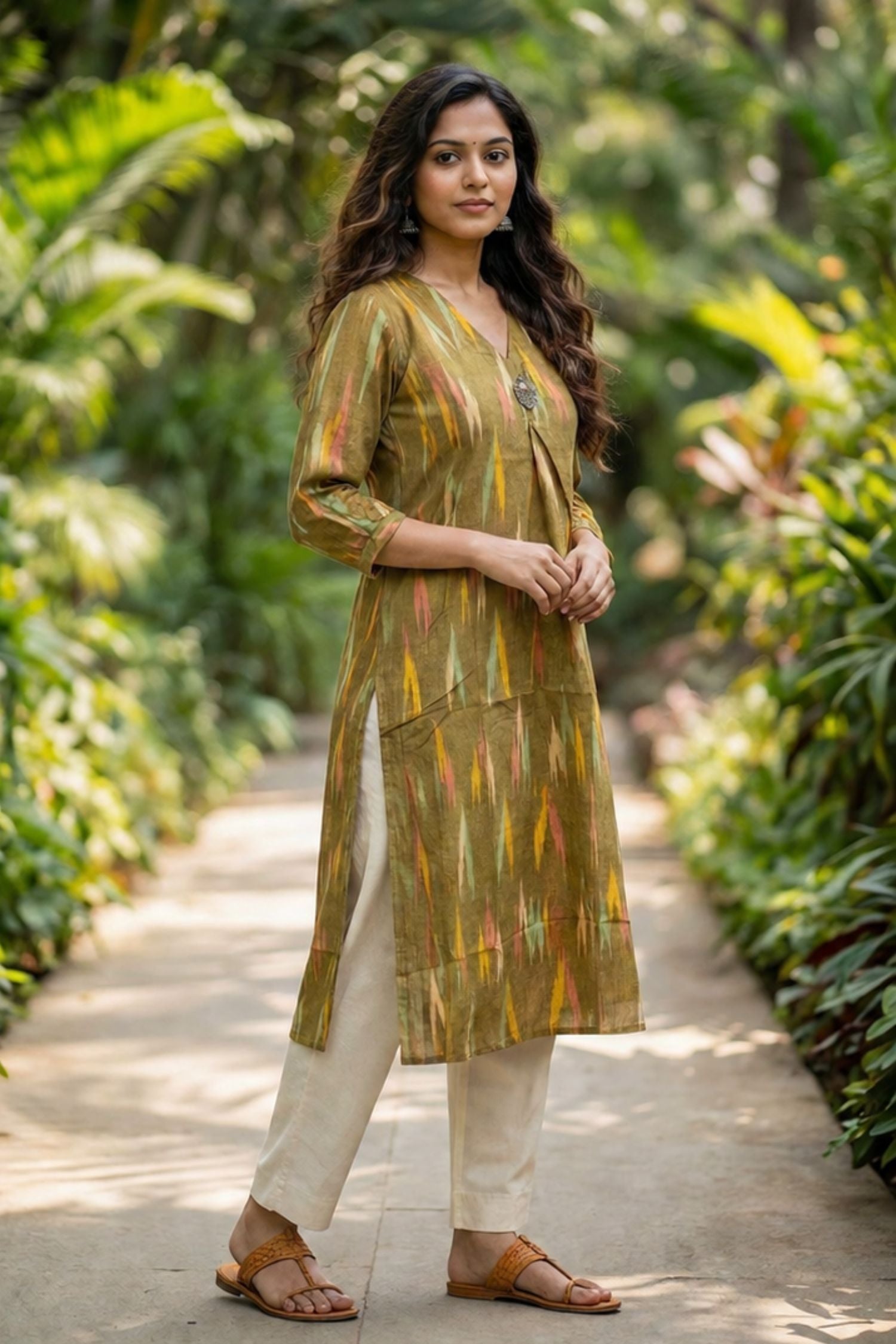 Greenish Yellow Multicolor Patterned Long Kurti