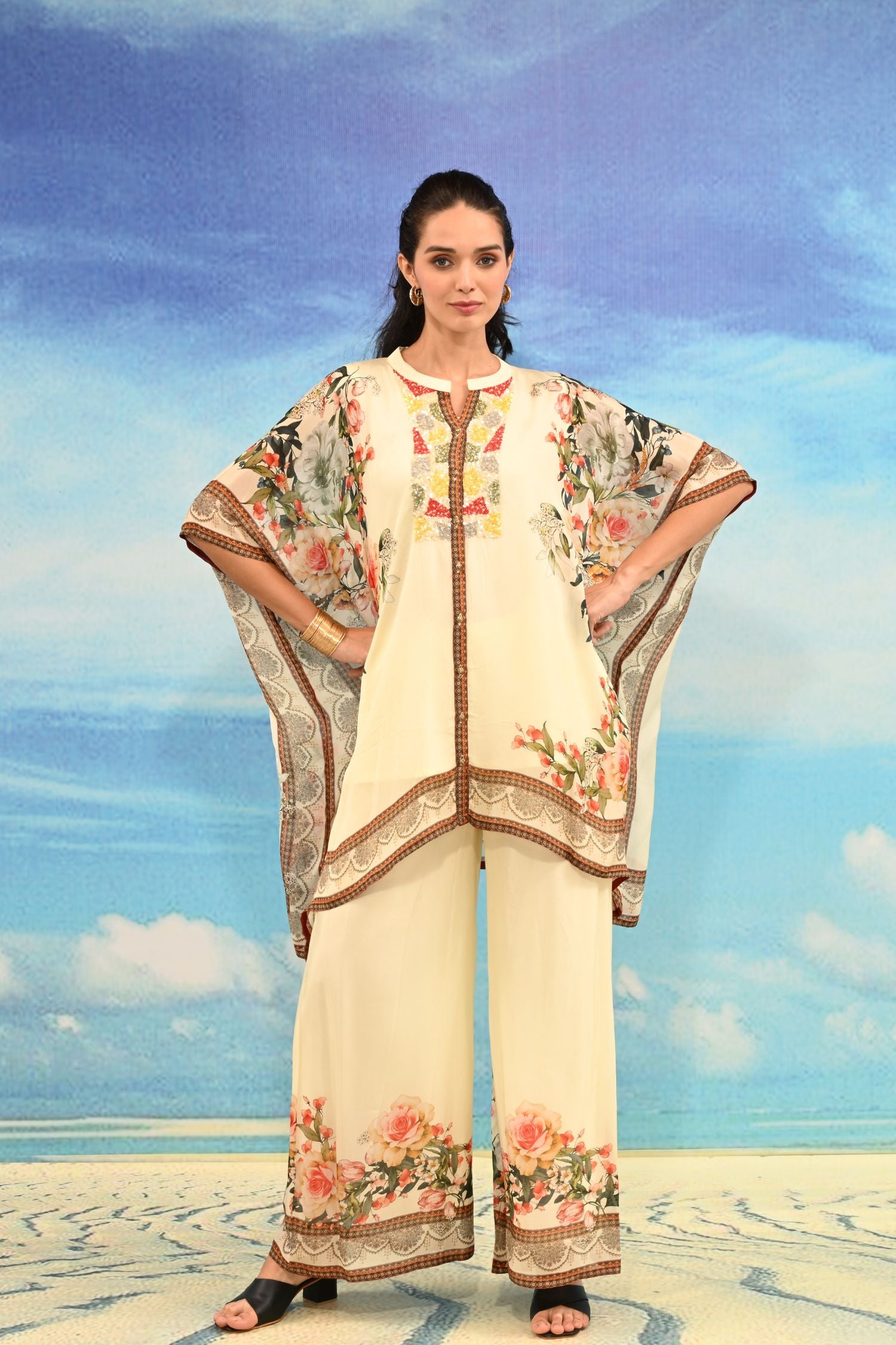 Beige Sharara-Style Two-Piece Cord Set with Detailed Embroidered Design