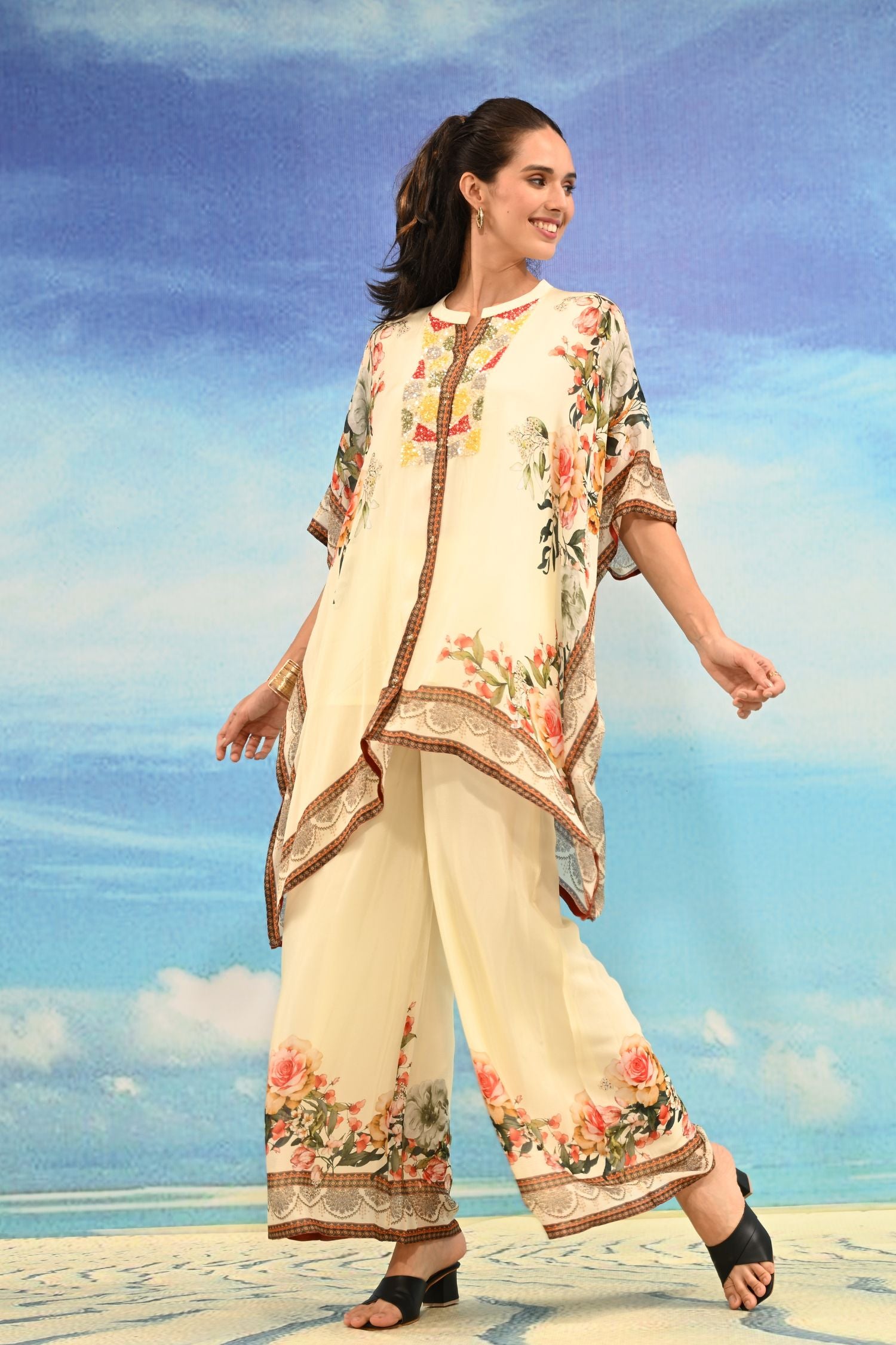 Beige Sharara-Style Two-Piece Cord Set with Detailed Embroidered Design