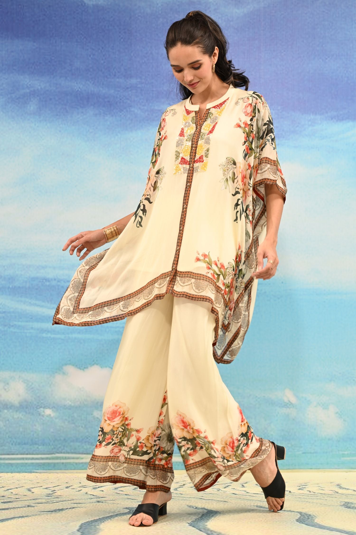 Beige Sharara-Style Two-Piece Cord Set with Detailed Embroidered Design