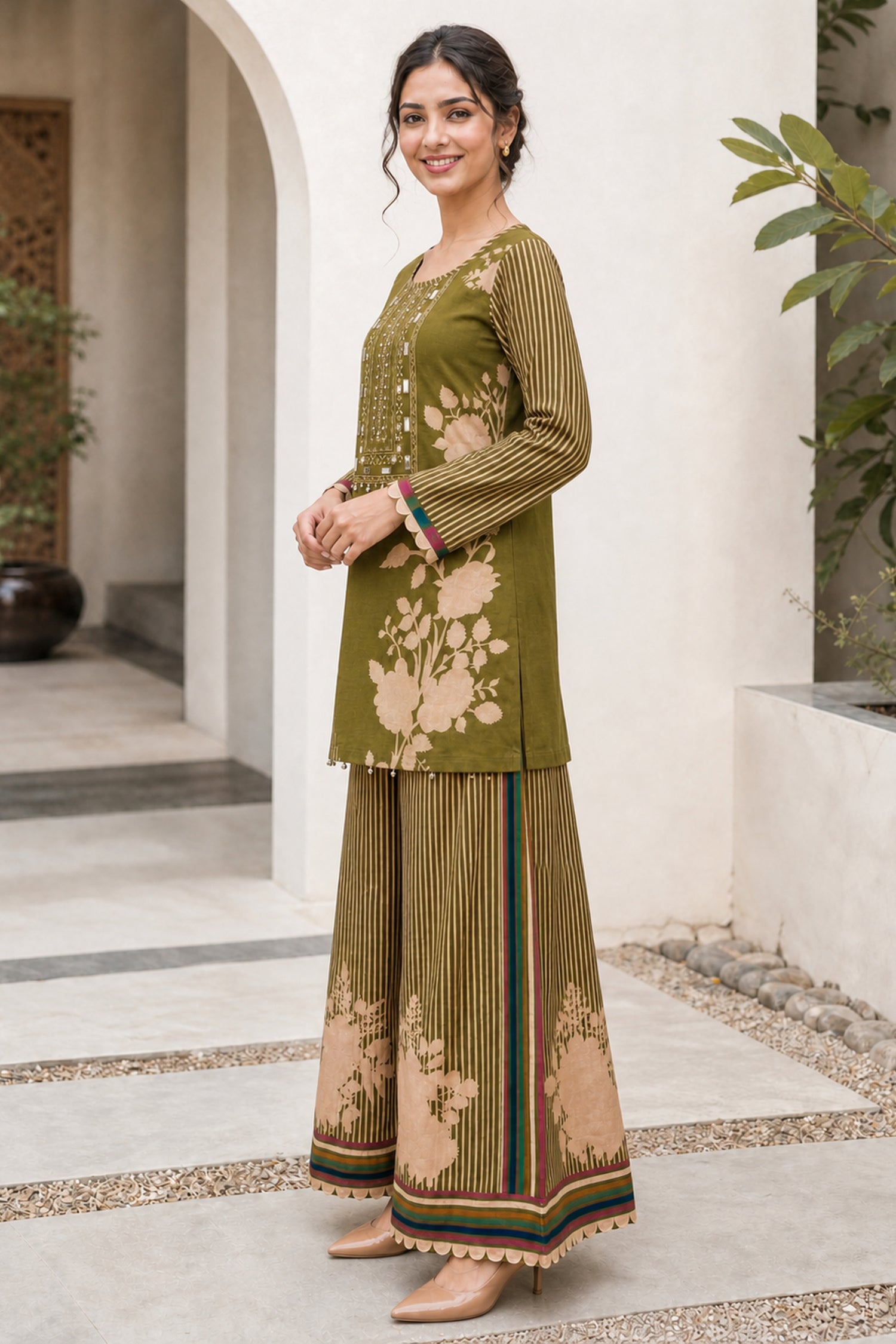 Embroidered Crepe Green Floral Print Loose Fit Co-Ord Set