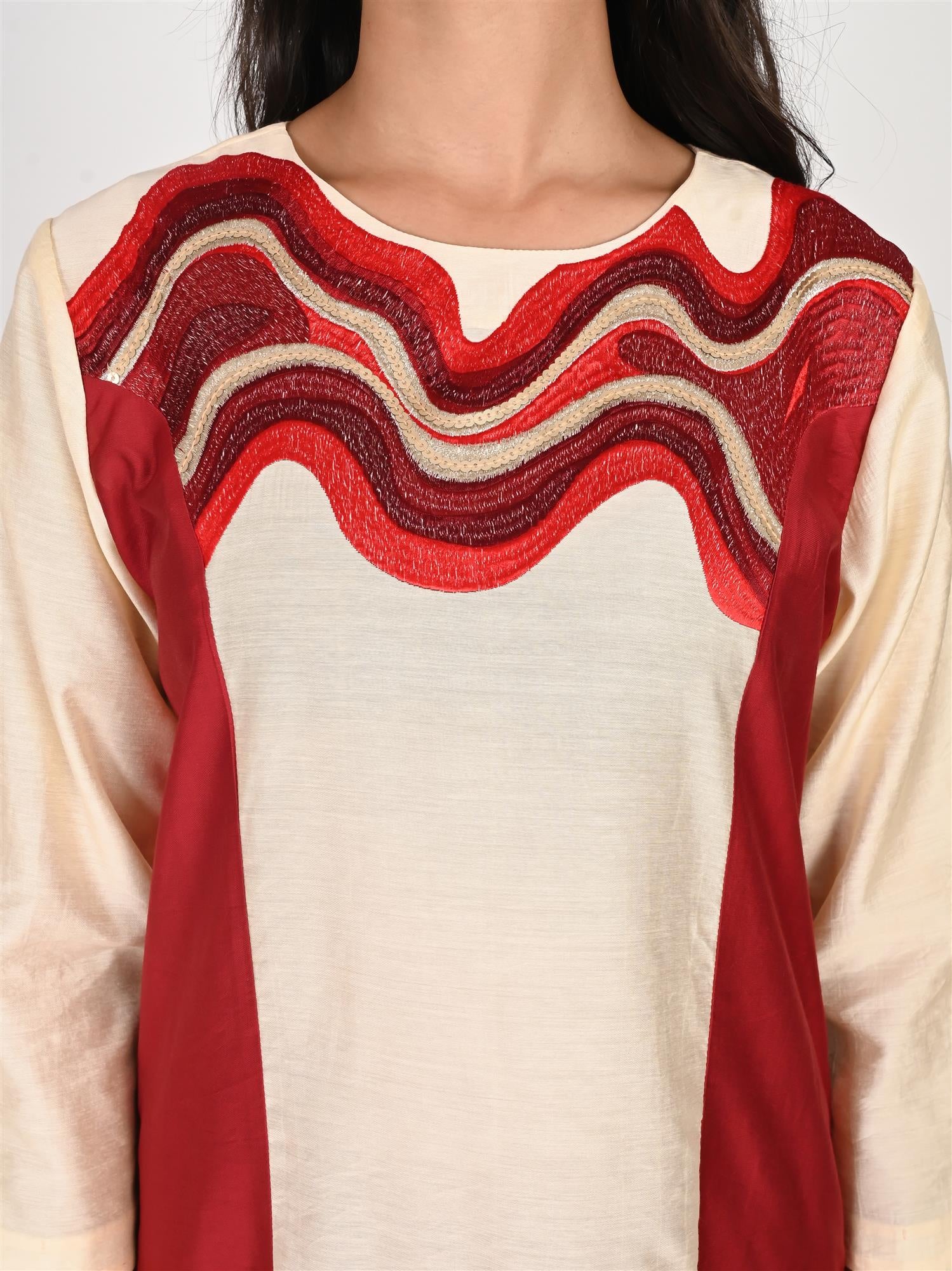 Beige and Red Satin Cord Set Showcasing Wavy Neckline Pattern