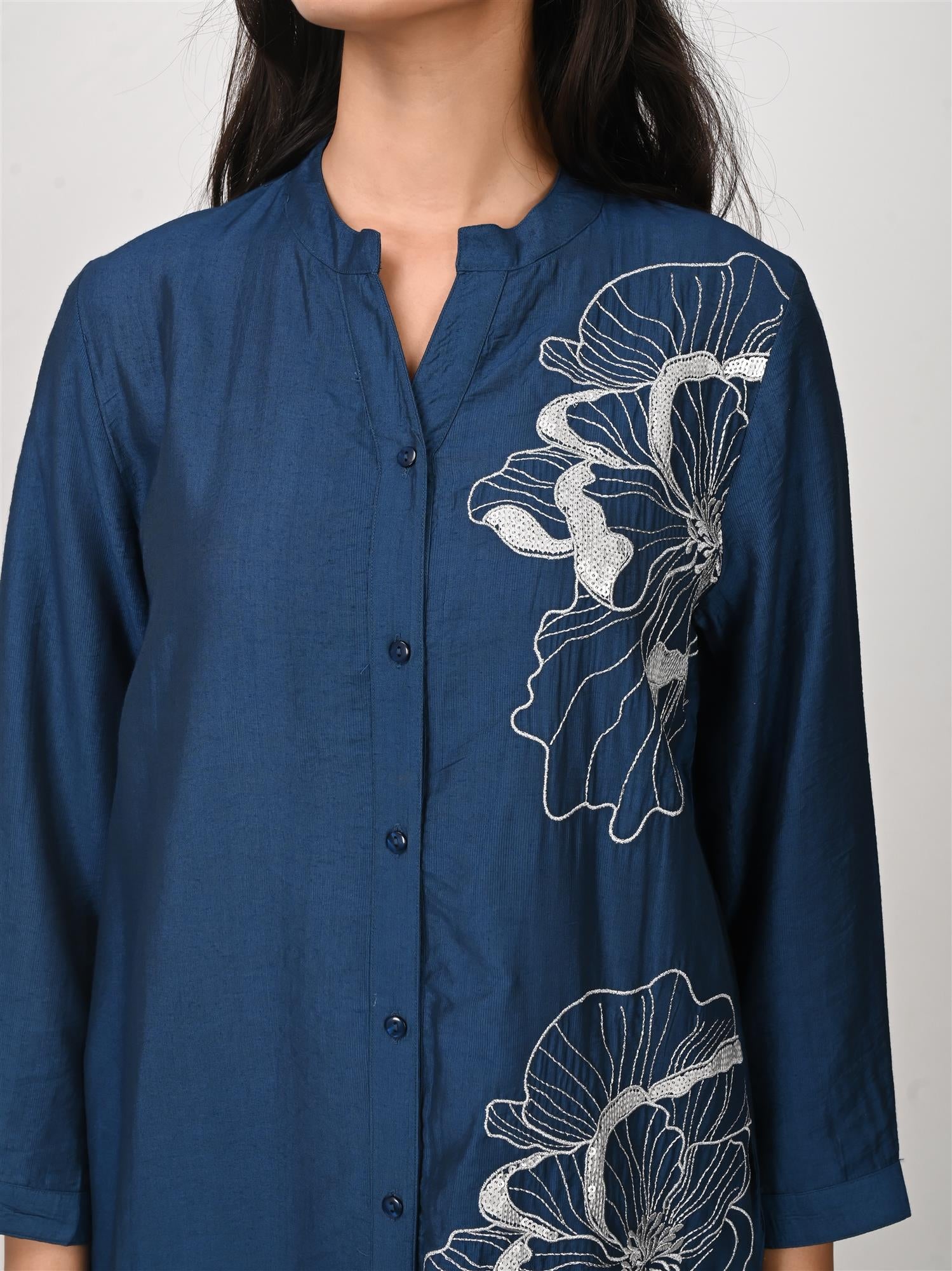 Navy Blue Long Shirt Style Dress with Embroidery