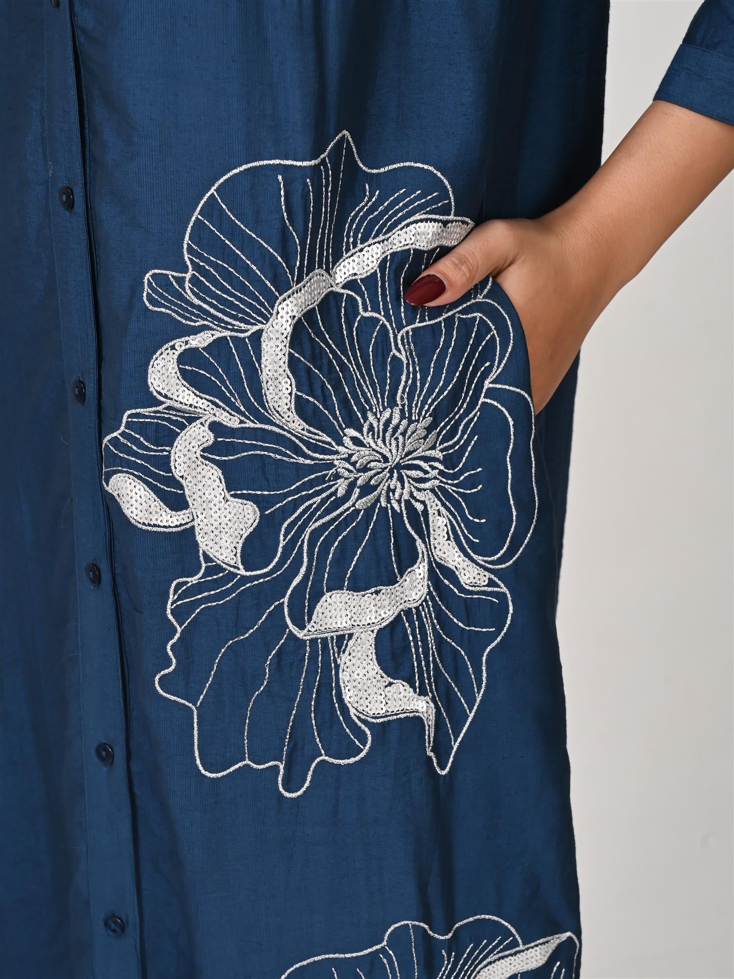 Navy Blue Long Shirt Style Dress with Embroidery