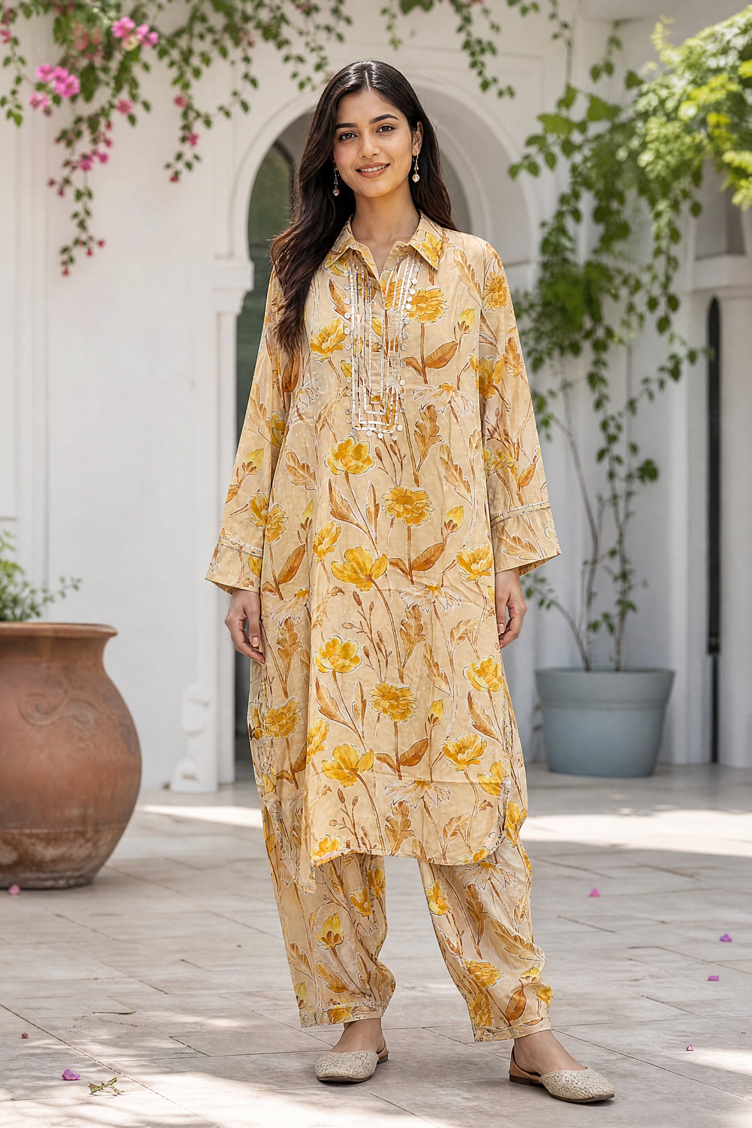 Yellow Floral Printed Kurta & Pant Co-Ord Set