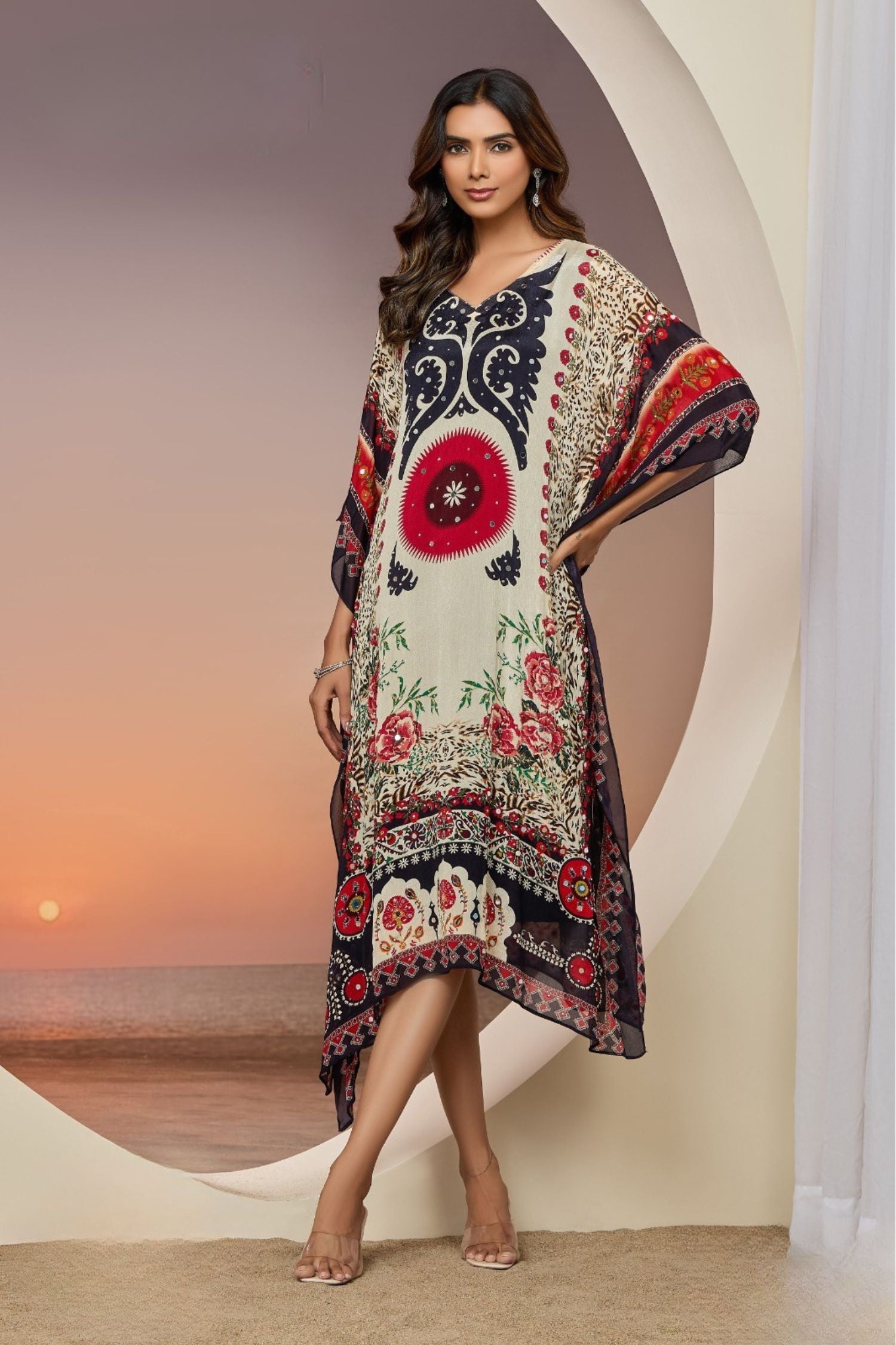 Ethnic Floral Print Long Kaftan Dress