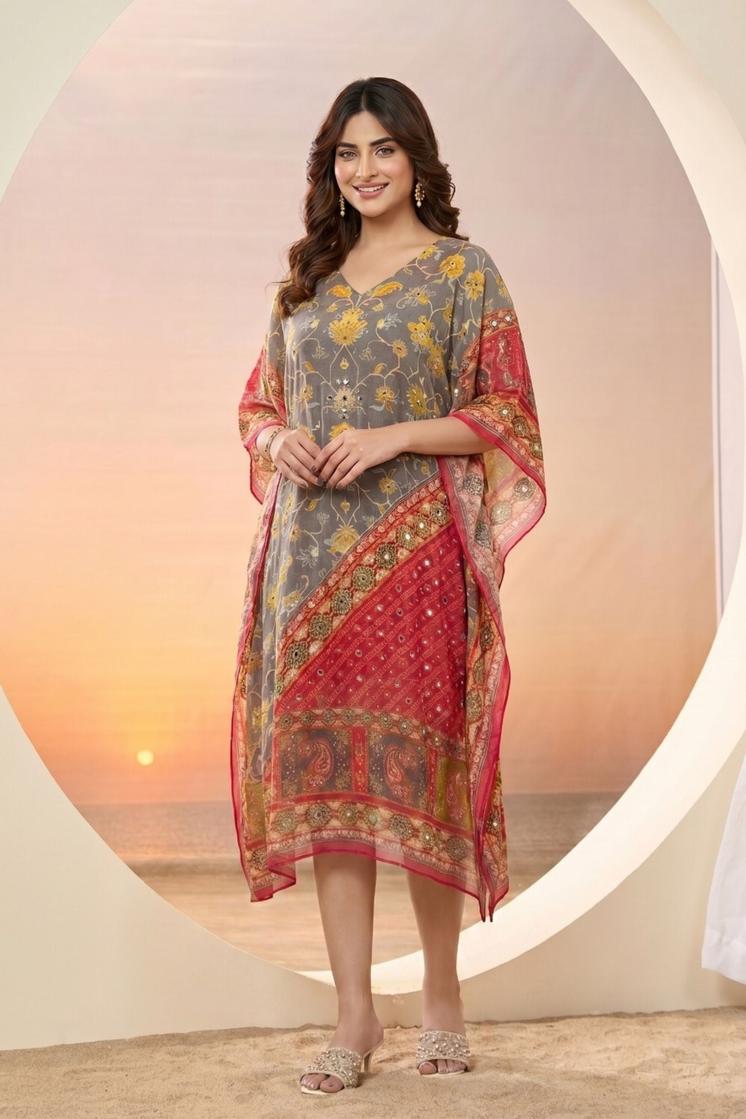 Mono Floral Printed Long Kaftan