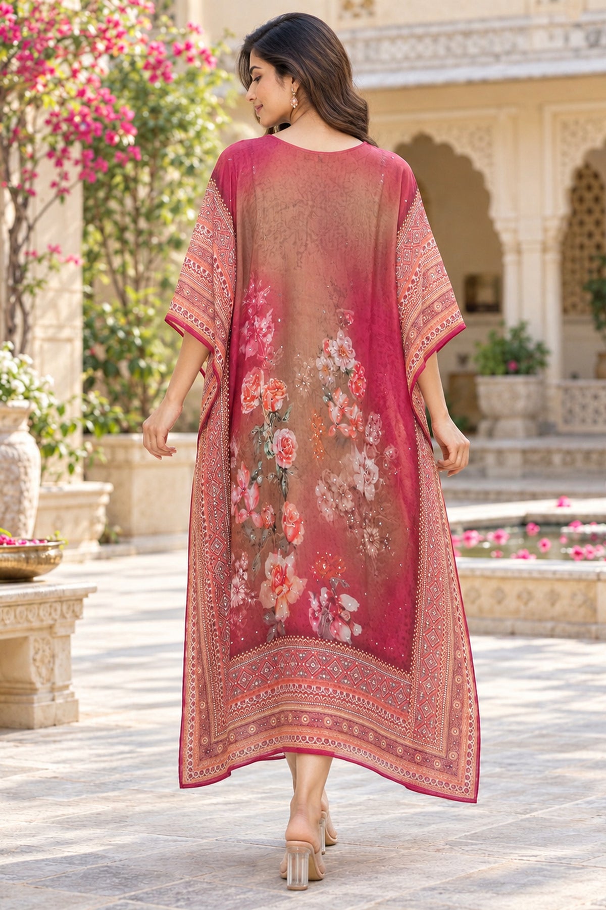 Onion Pink Mirror Embroidered Long Kaftan