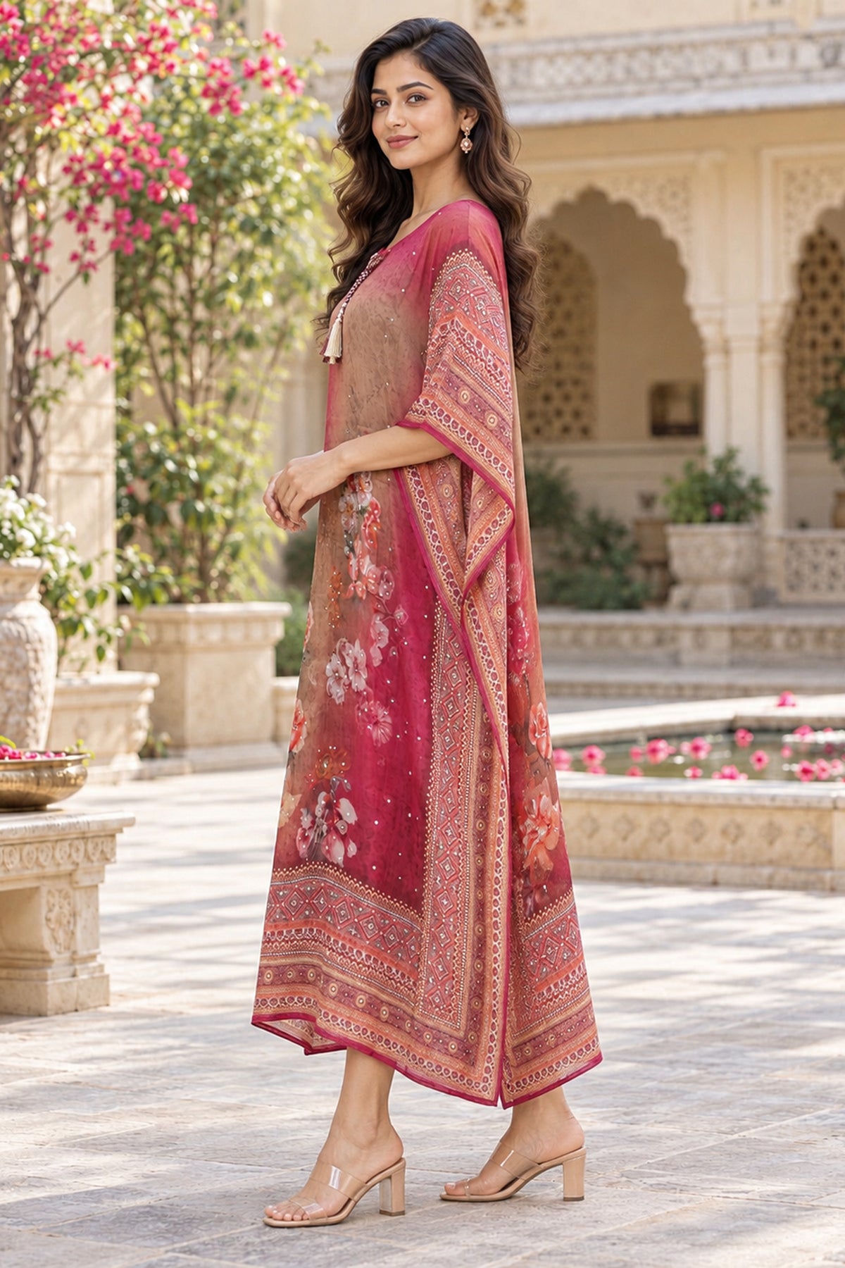 Onion Pink Mirror Embroidered Long Kaftan
