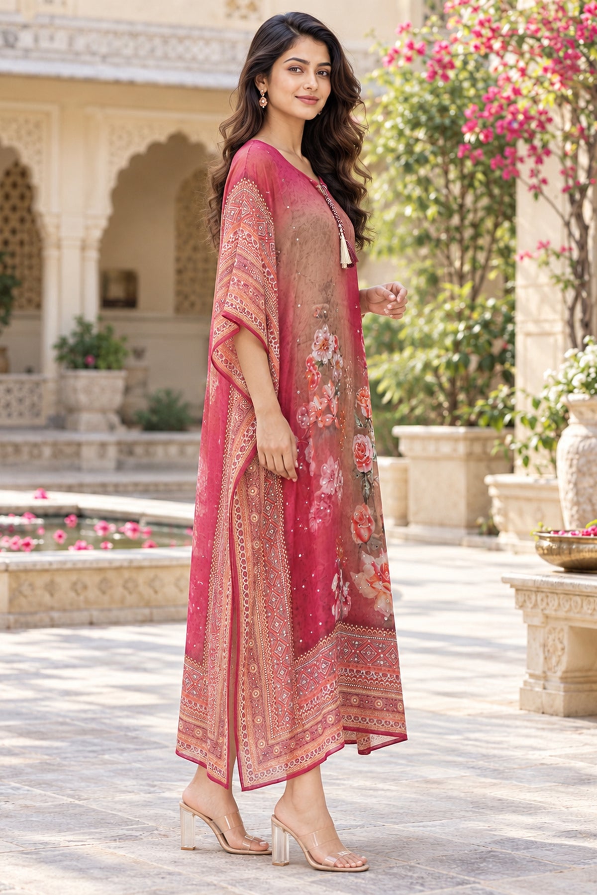 Onion Pink Mirror Embroidered Long Kaftan