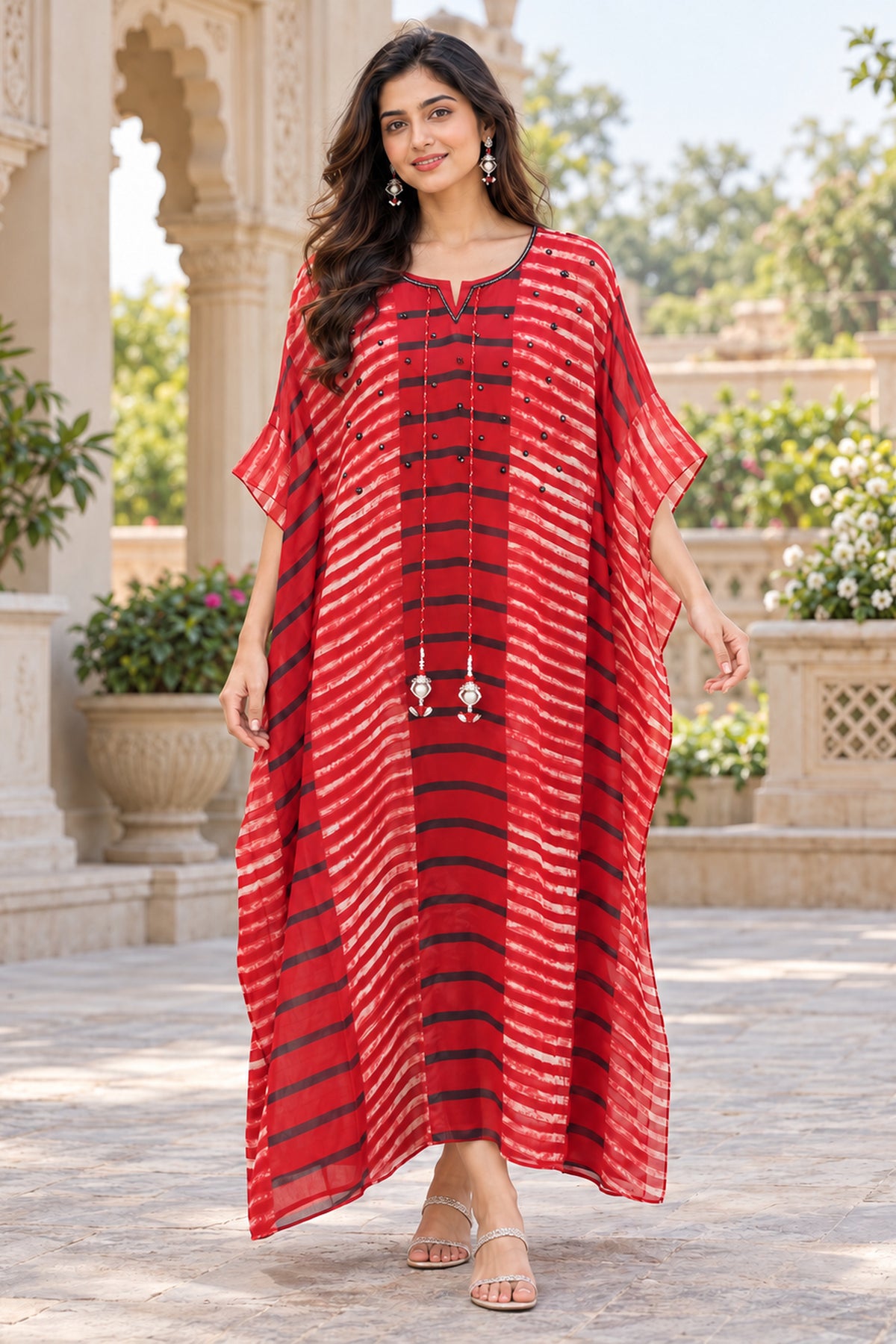 Maroon Printed Cotton Long Kaftan