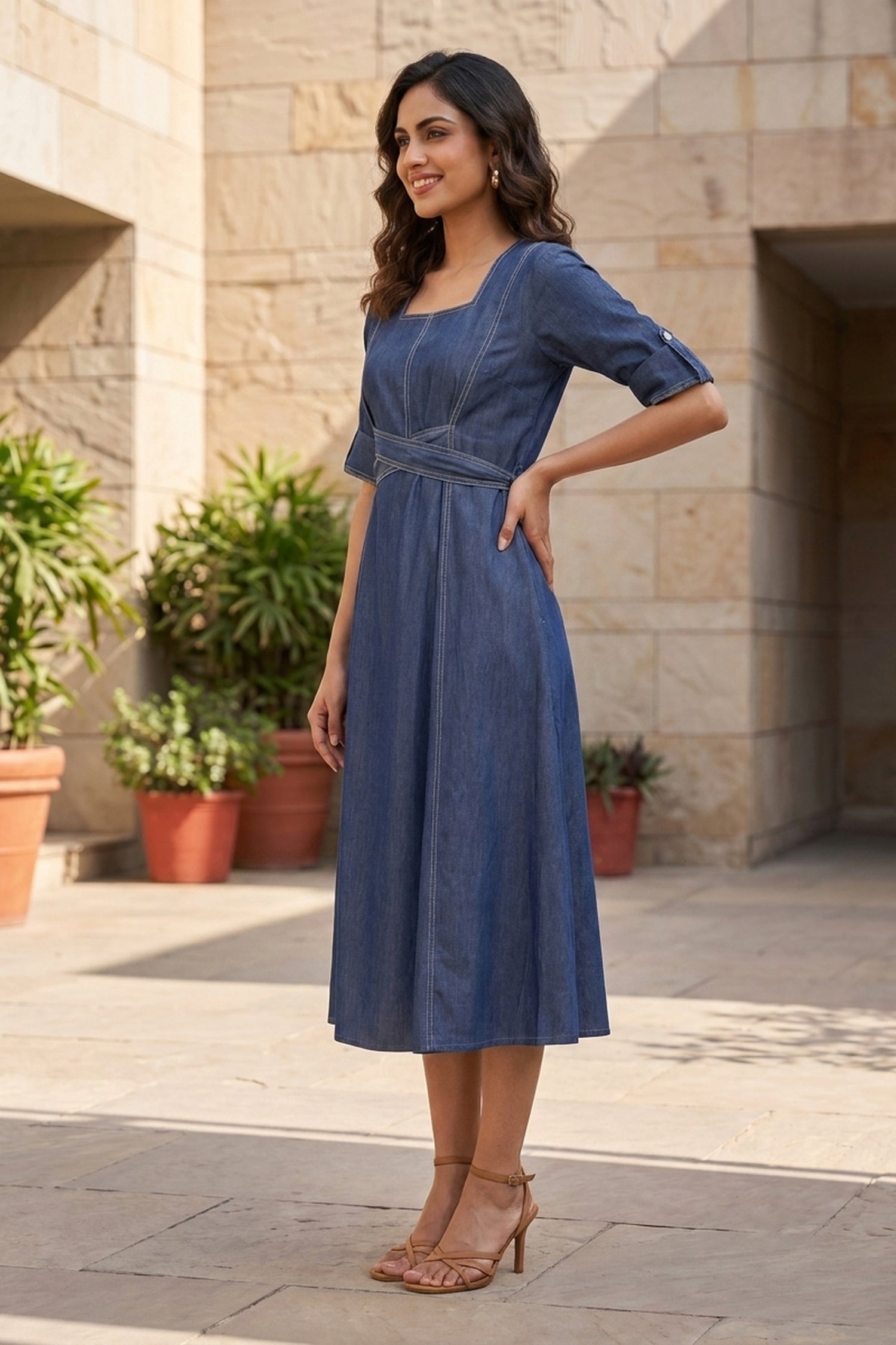 Indigo Blue Cotton Denim Long Dress