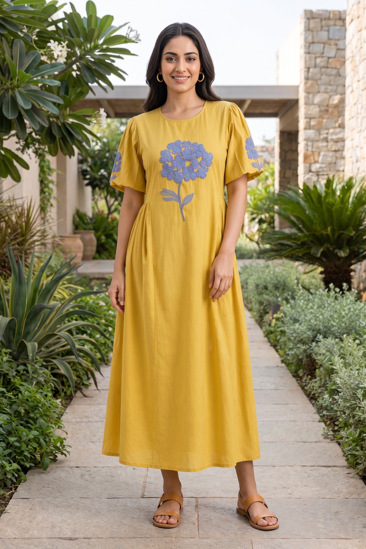 Sunshine Yellow Dress with Blue Floral Embroidery