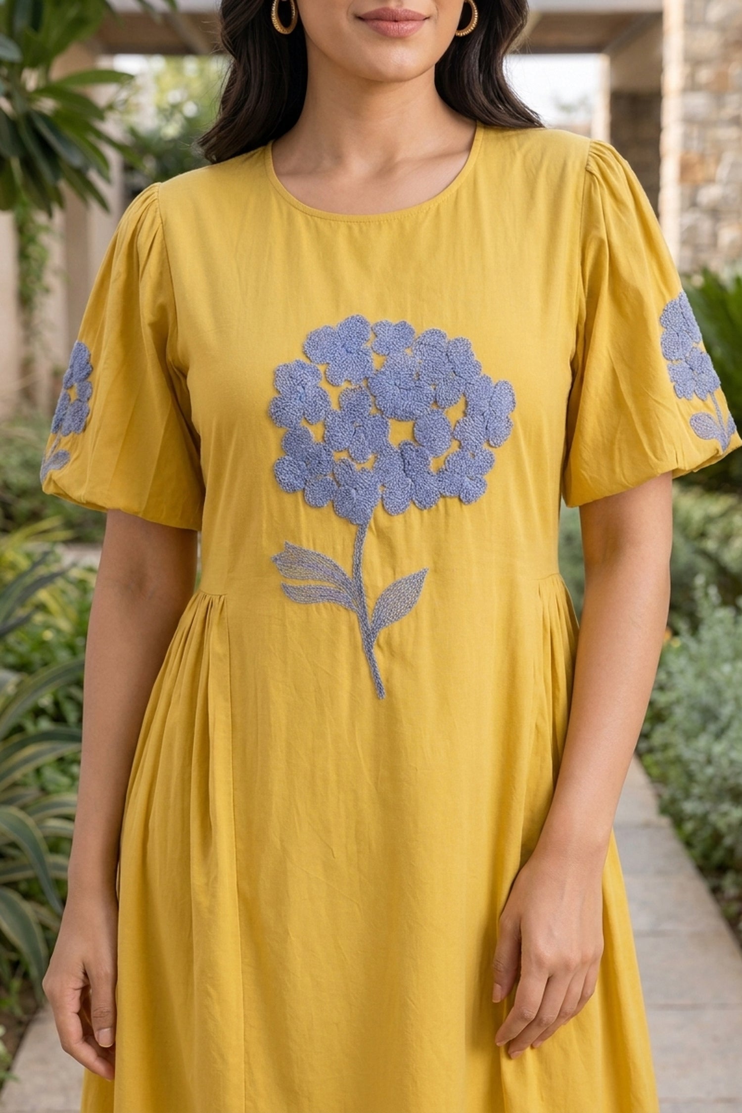 Sunshine Yellow Dress with Blue Floral Embroidery