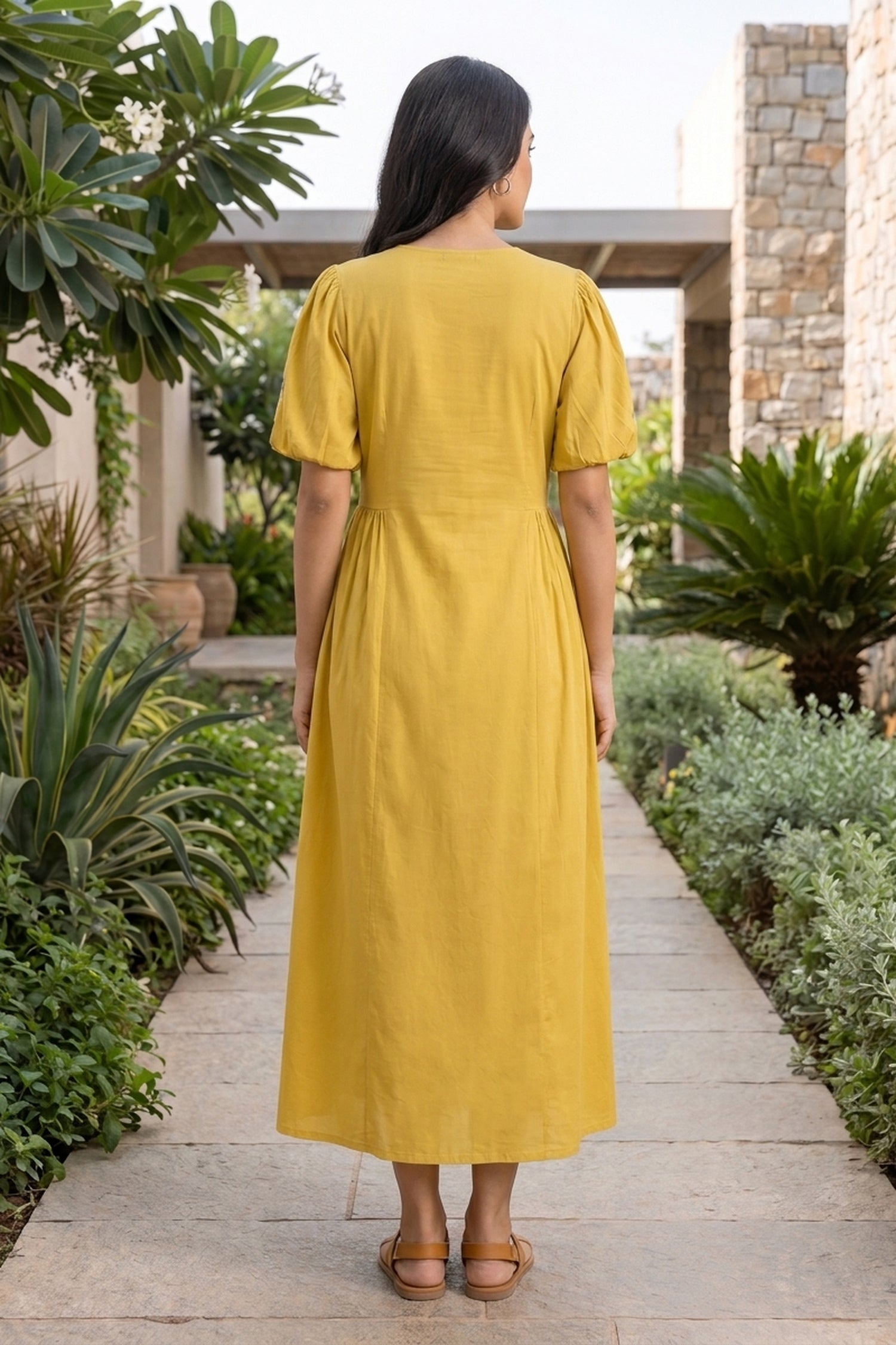 Sunshine Yellow Dress with Blue Floral Embroidery