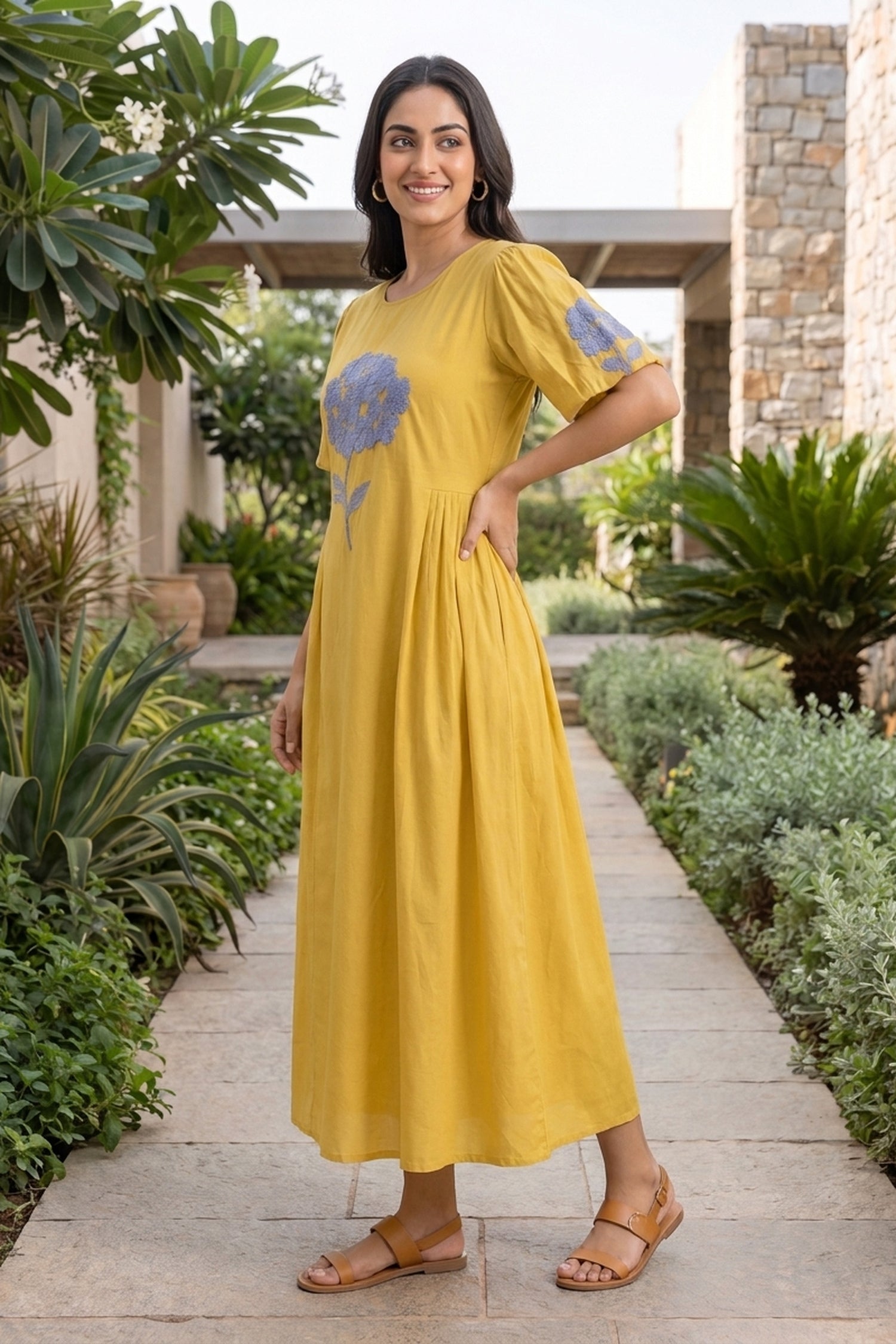 Sunshine Yellow Dress with Blue Floral Embroidery
