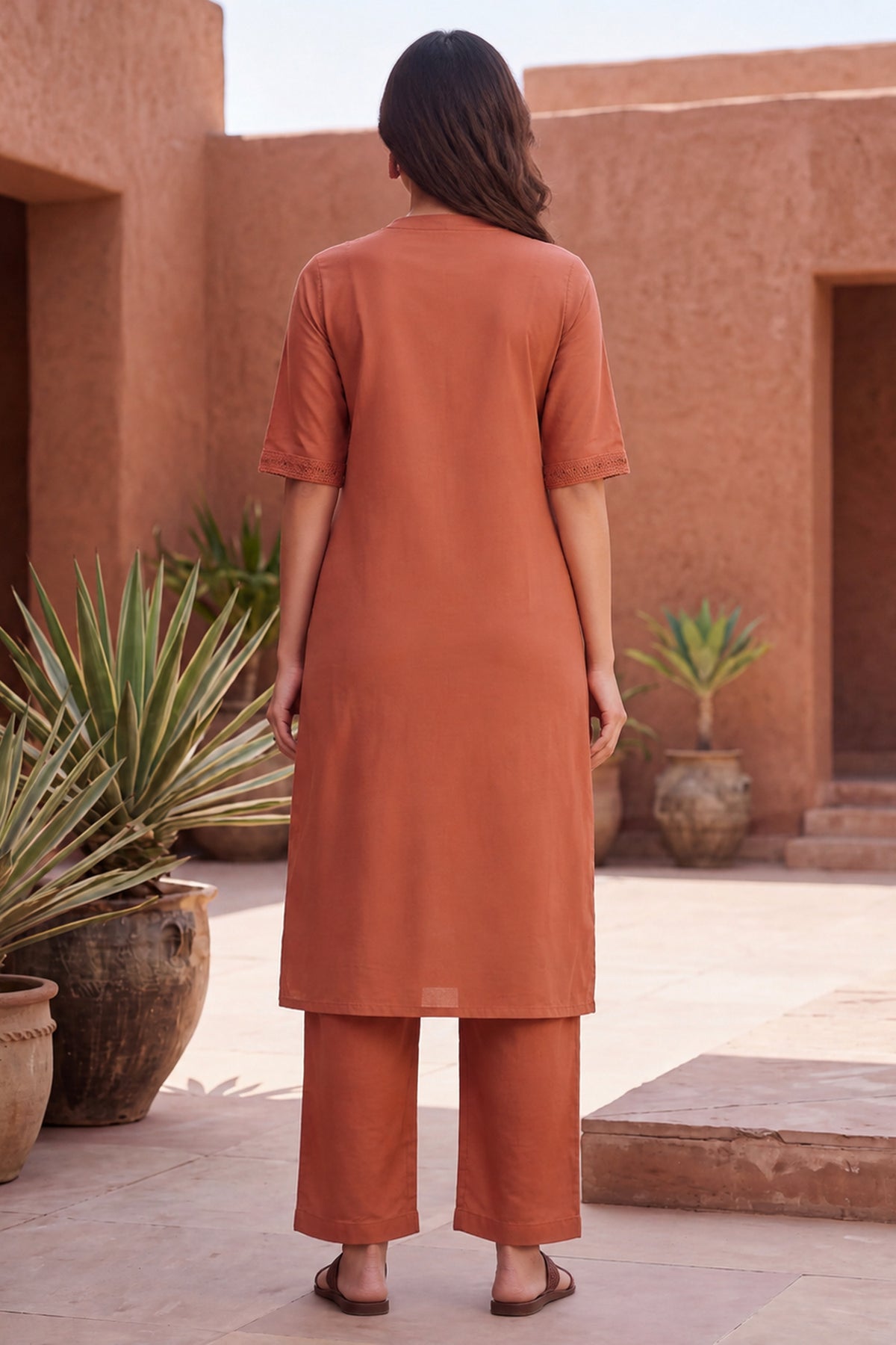 Teracotta Floral Embroidered Straight Kurta Cotton Co-Ord Set
