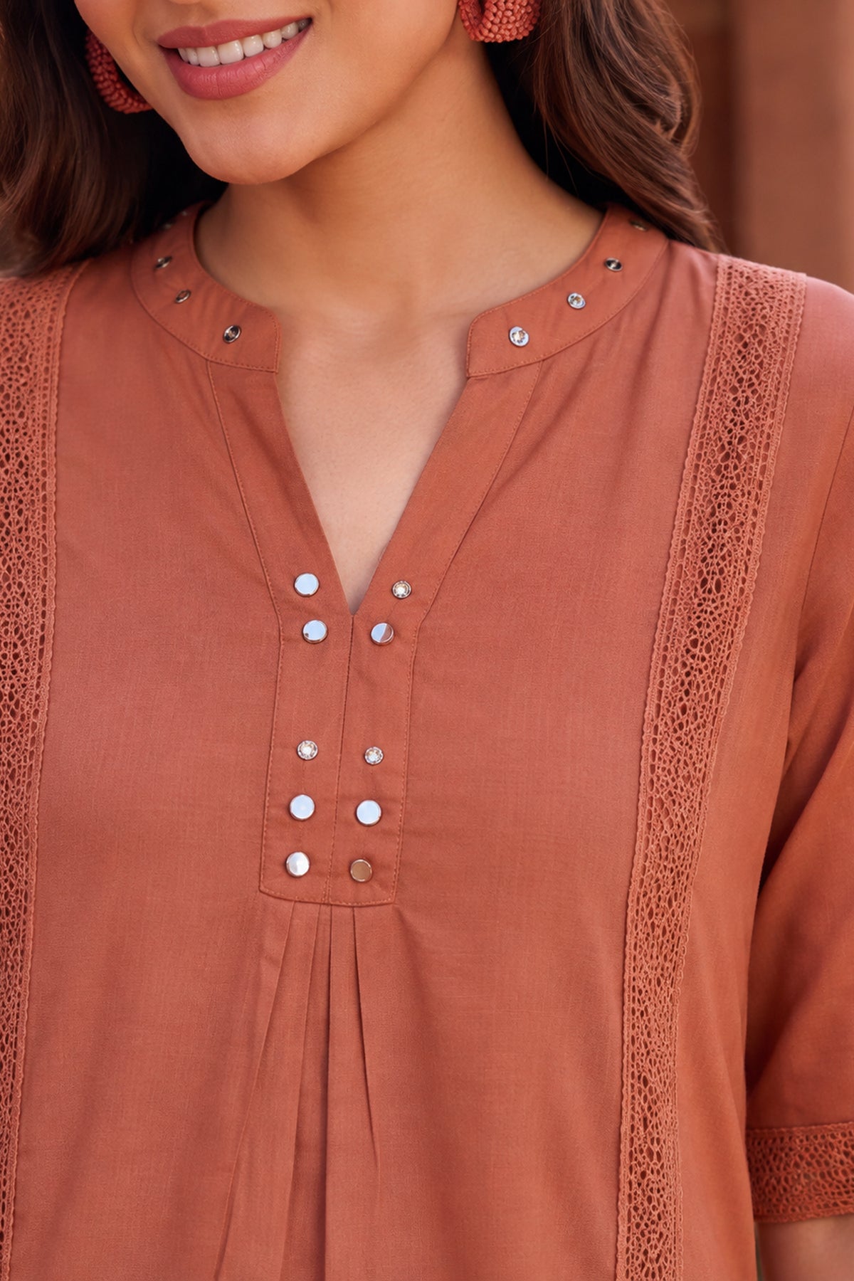 Teracotta Floral Embroidered Straight Kurta Cotton Co-Ord Set