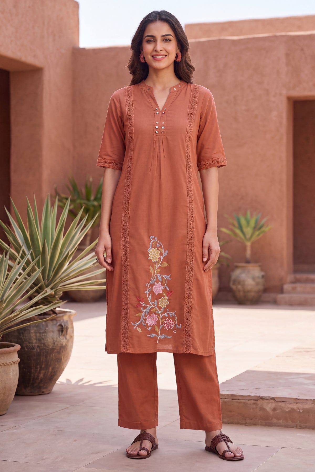 Teracotta Floral Embroidered Straight Kurta Cotton Co-Ord Set