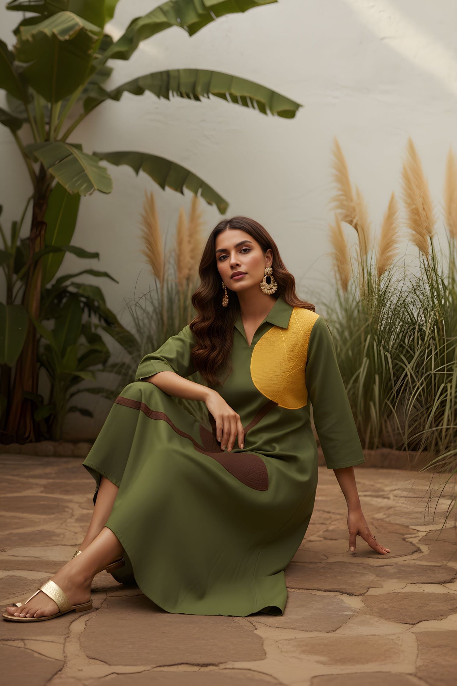 Regular Fit Leaf Green Collar Neck Dress.