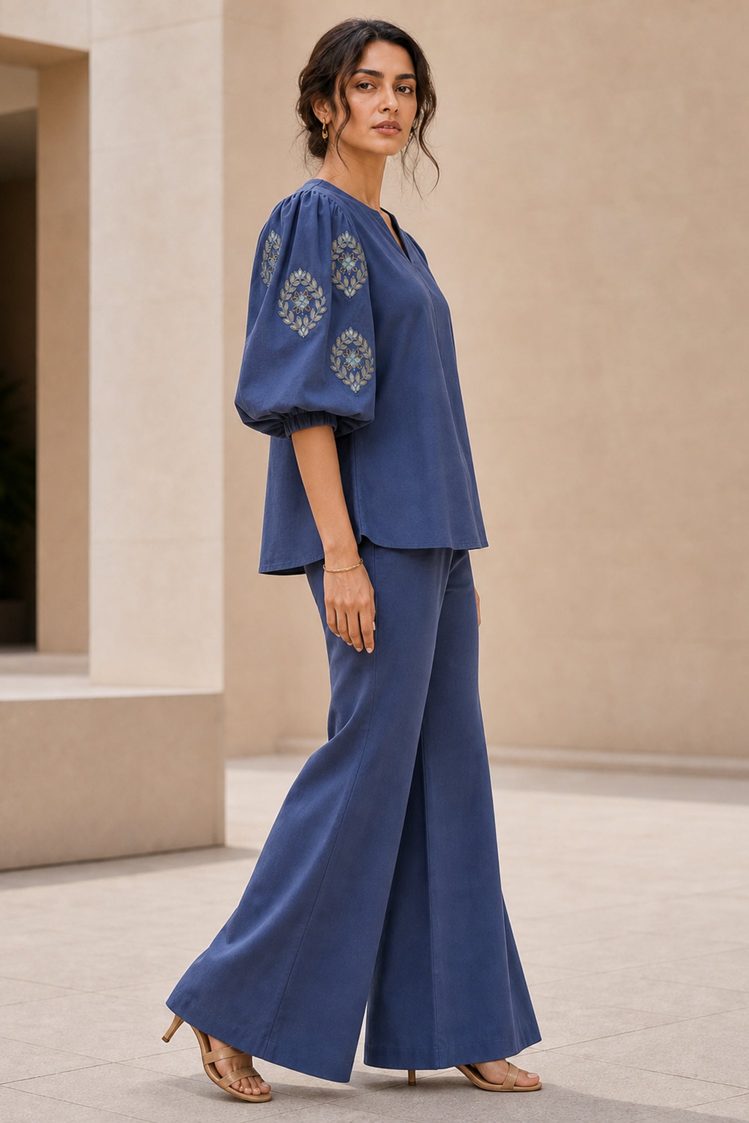 Blue Embroidered Puff Sleeve Cotton Co-Ord Set