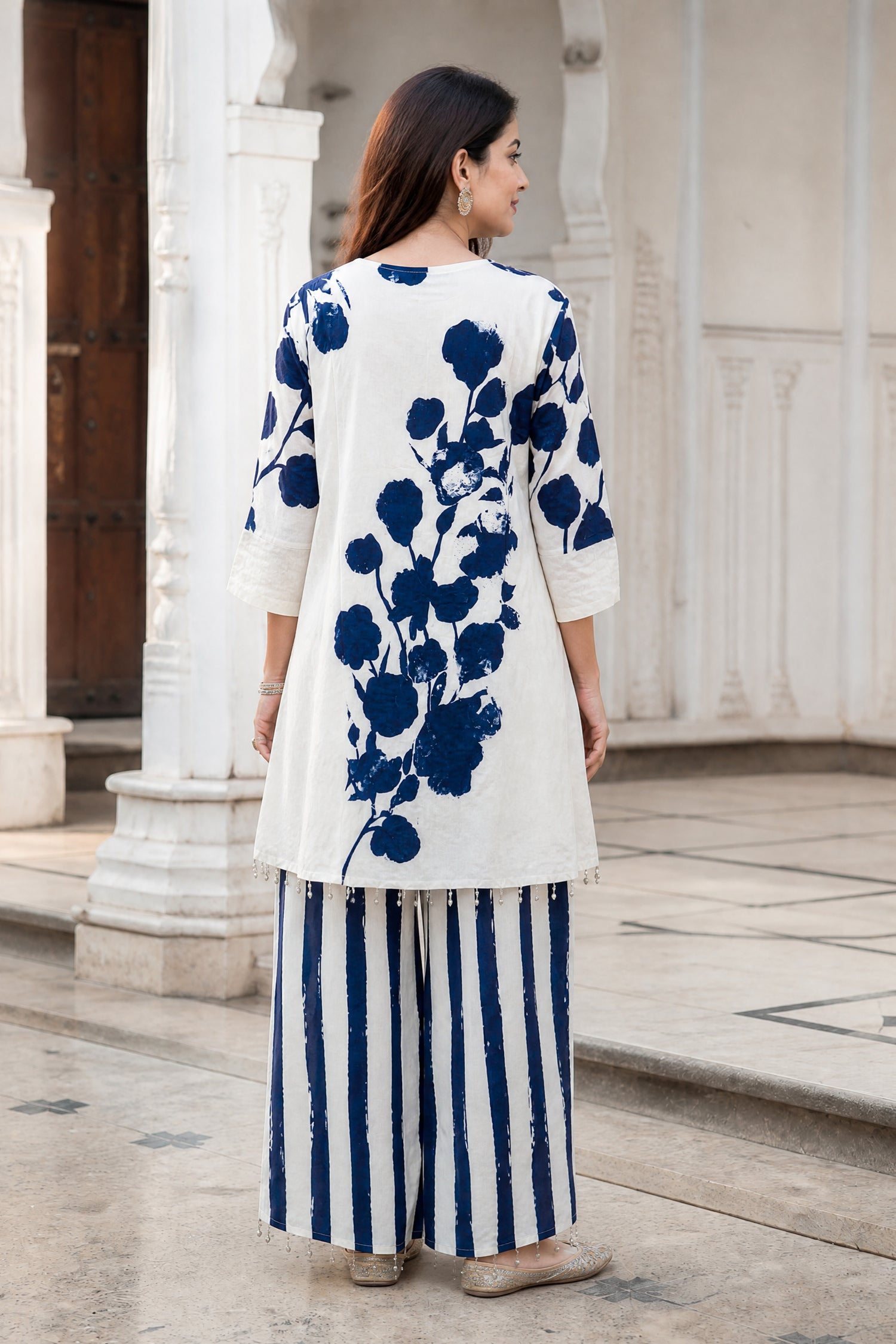White & Indigo Floral Crepe Co-Ord Set
