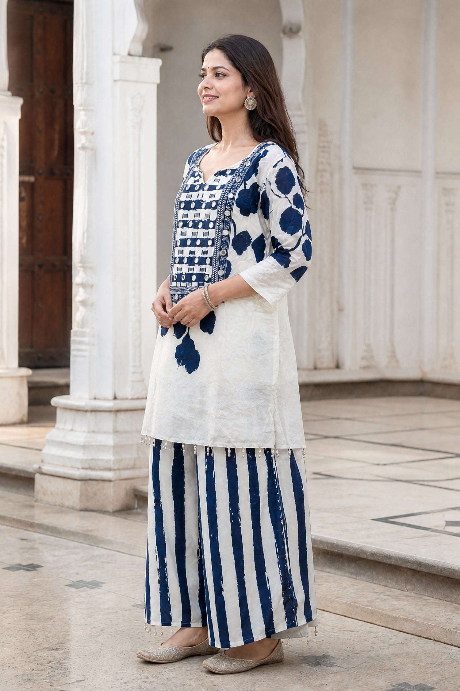 White & Indigo Floral Crepe Co-Ord Set