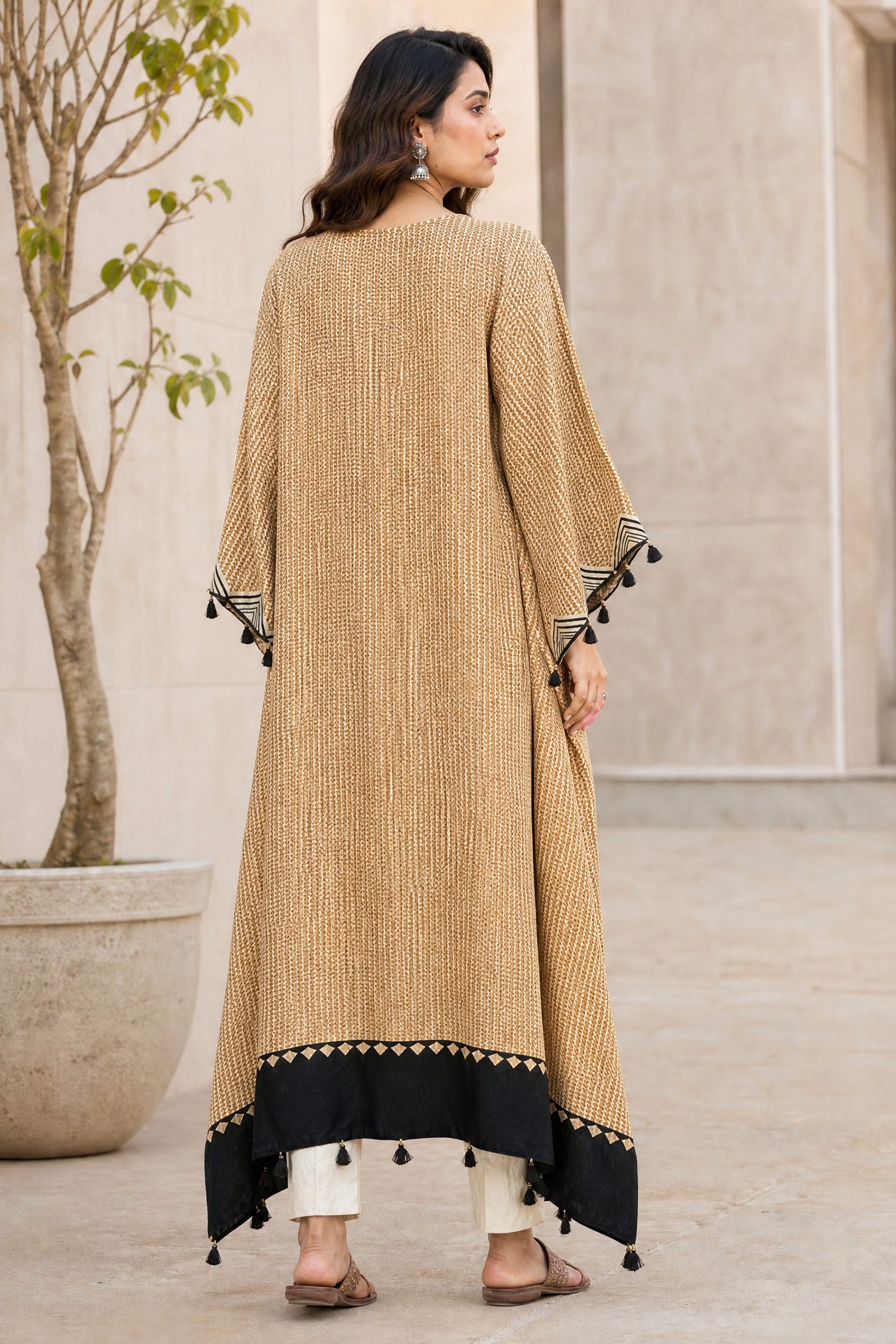 Beige and Black Geometric Printed Kaftan Kurta Set
