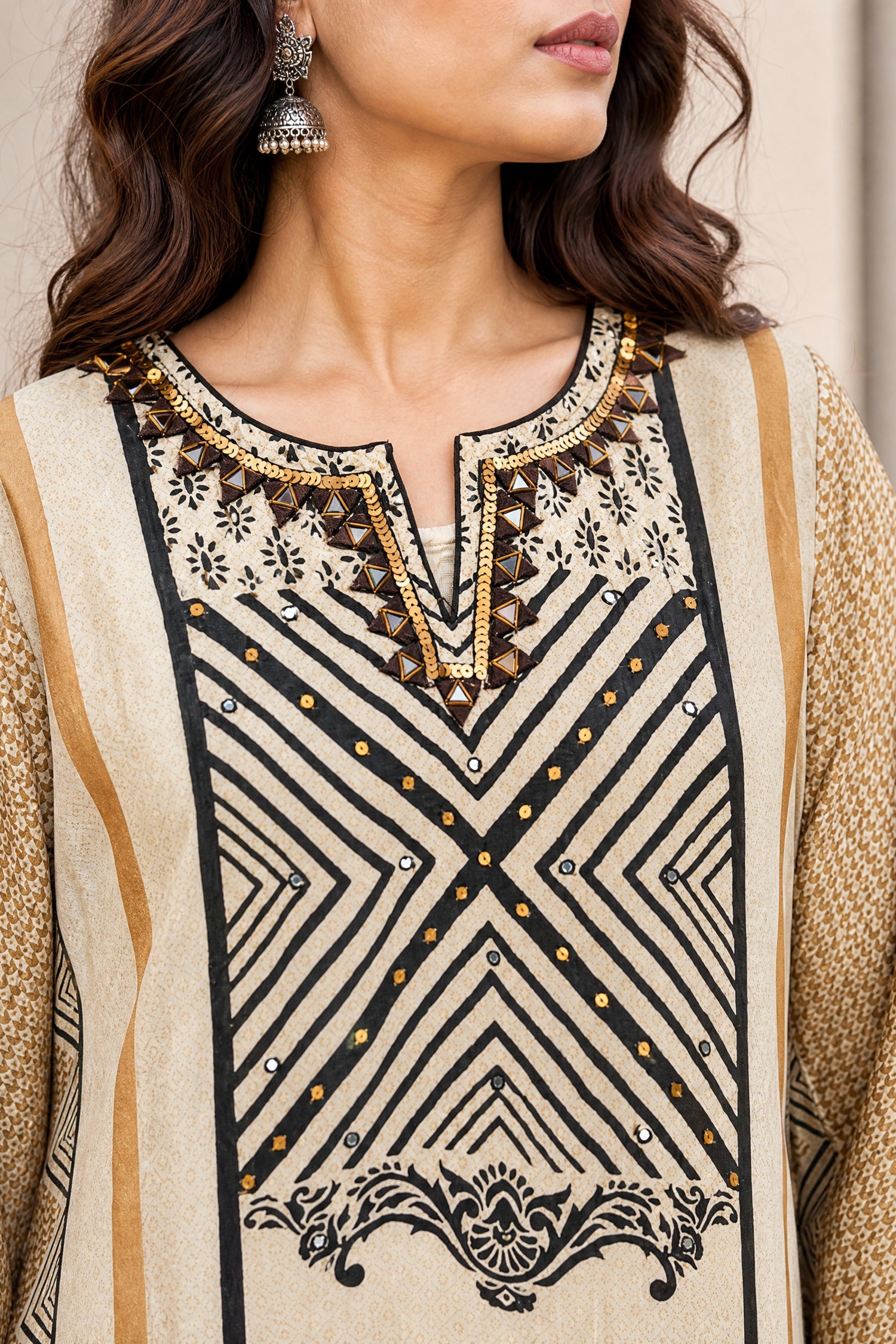 Beige and Black Geometric Printed Kaftan Kurta Set