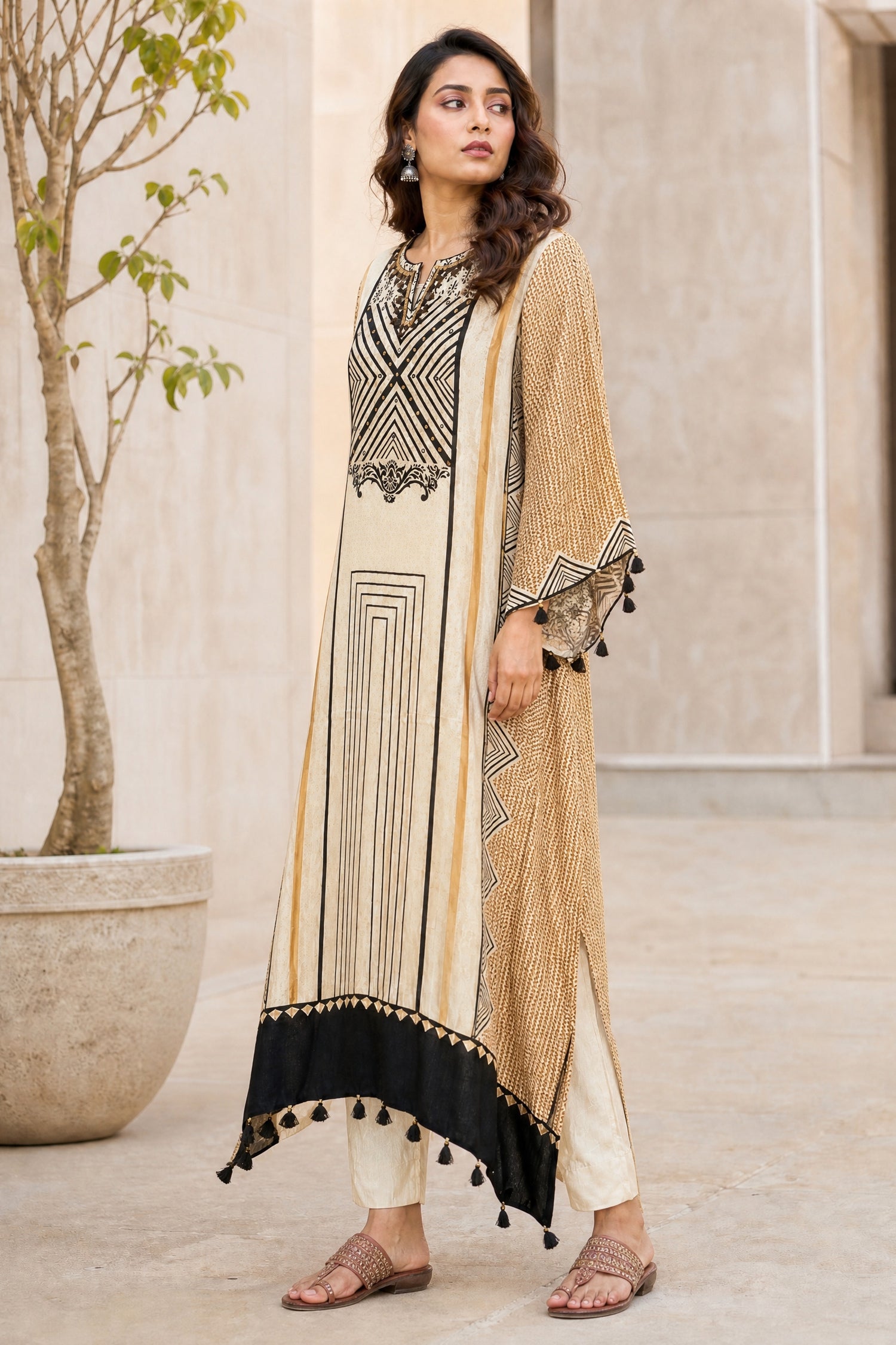 Beige and Black Geometric Printed Kaftan Kurta Set