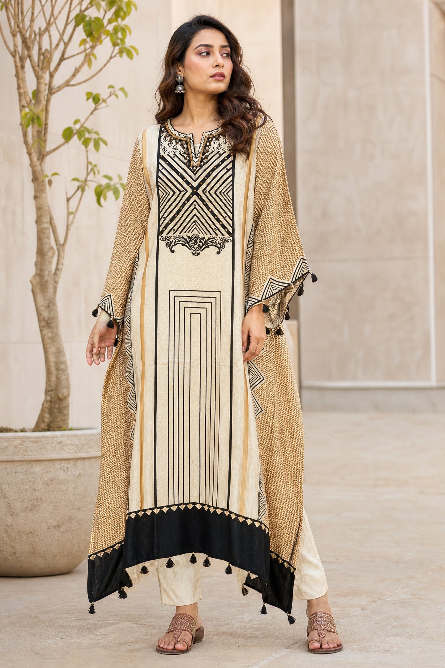 Beige and Black Geometric Printed Kaftan Kurta Set
