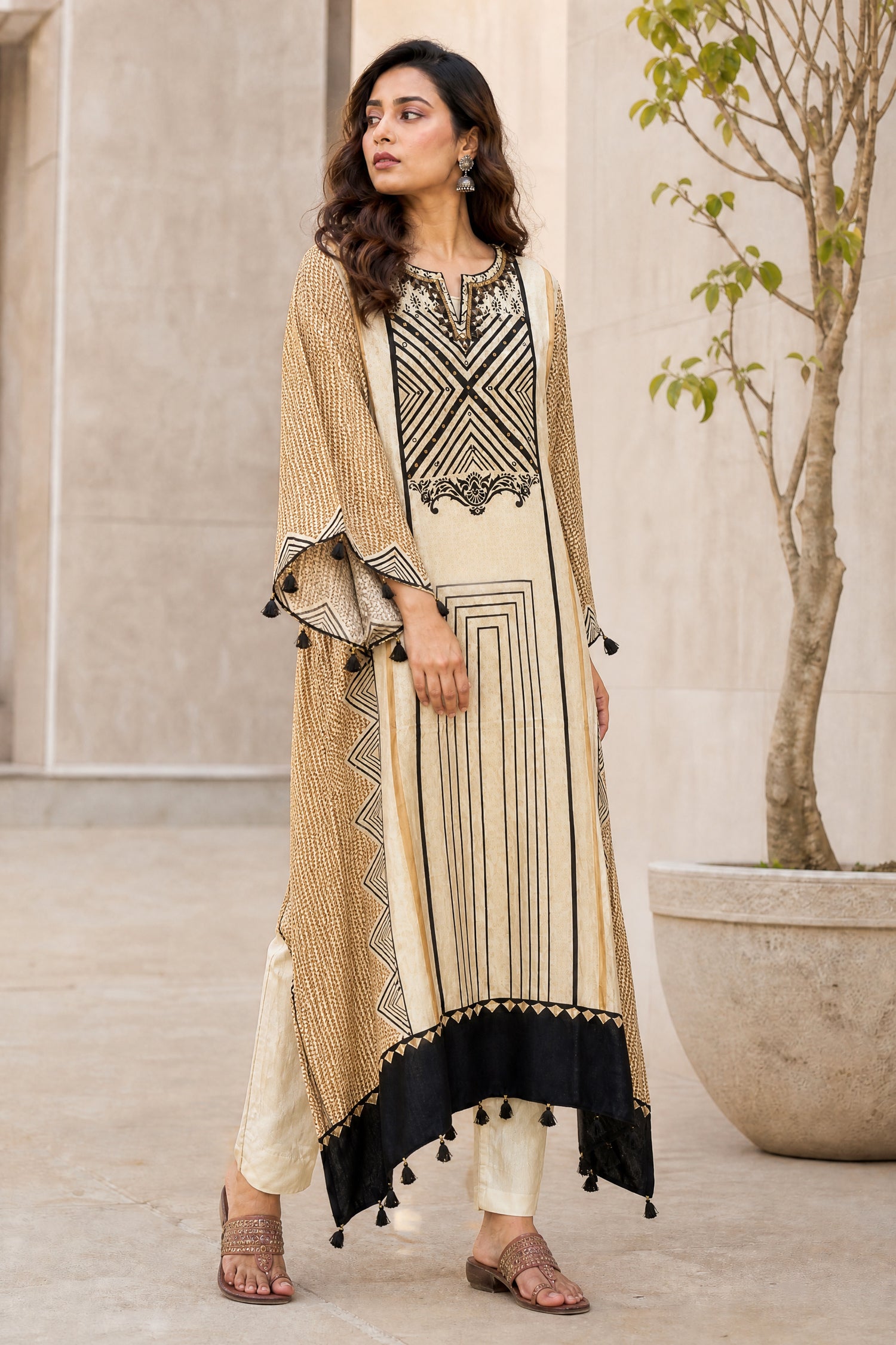 Beige and Black Geometric Printed Kaftan Kurta Set