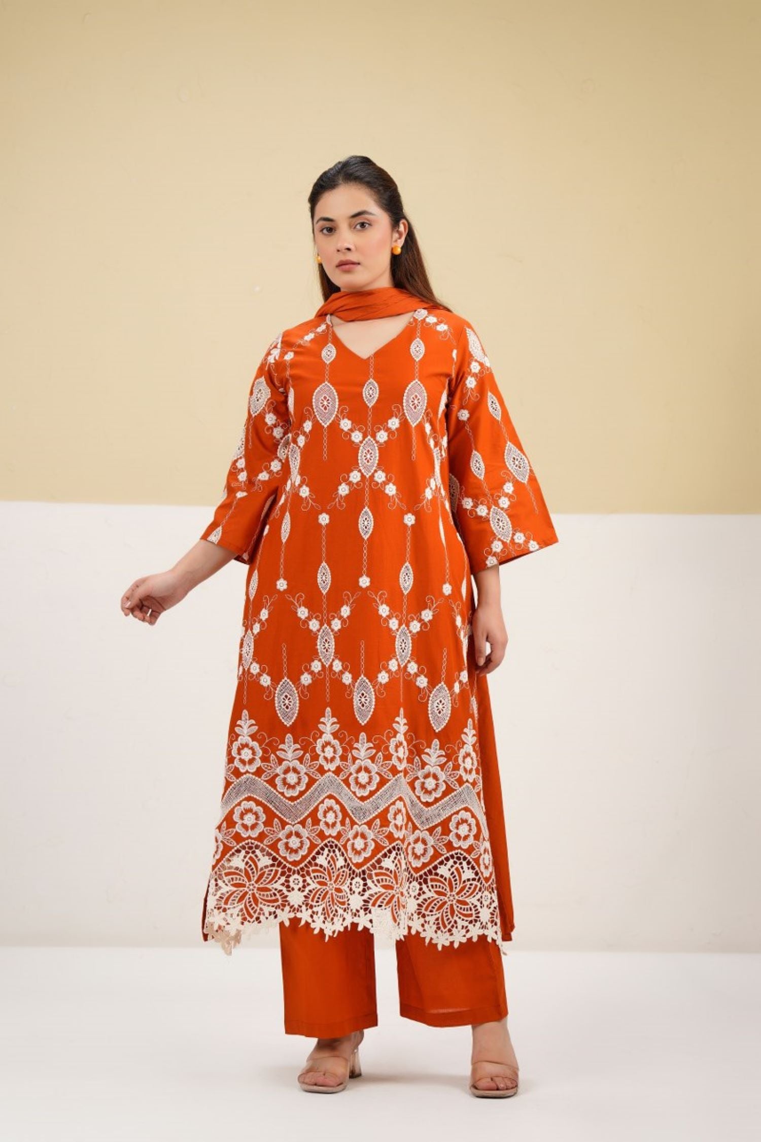 Cotton Embroidered Dupatta Set in Orange.