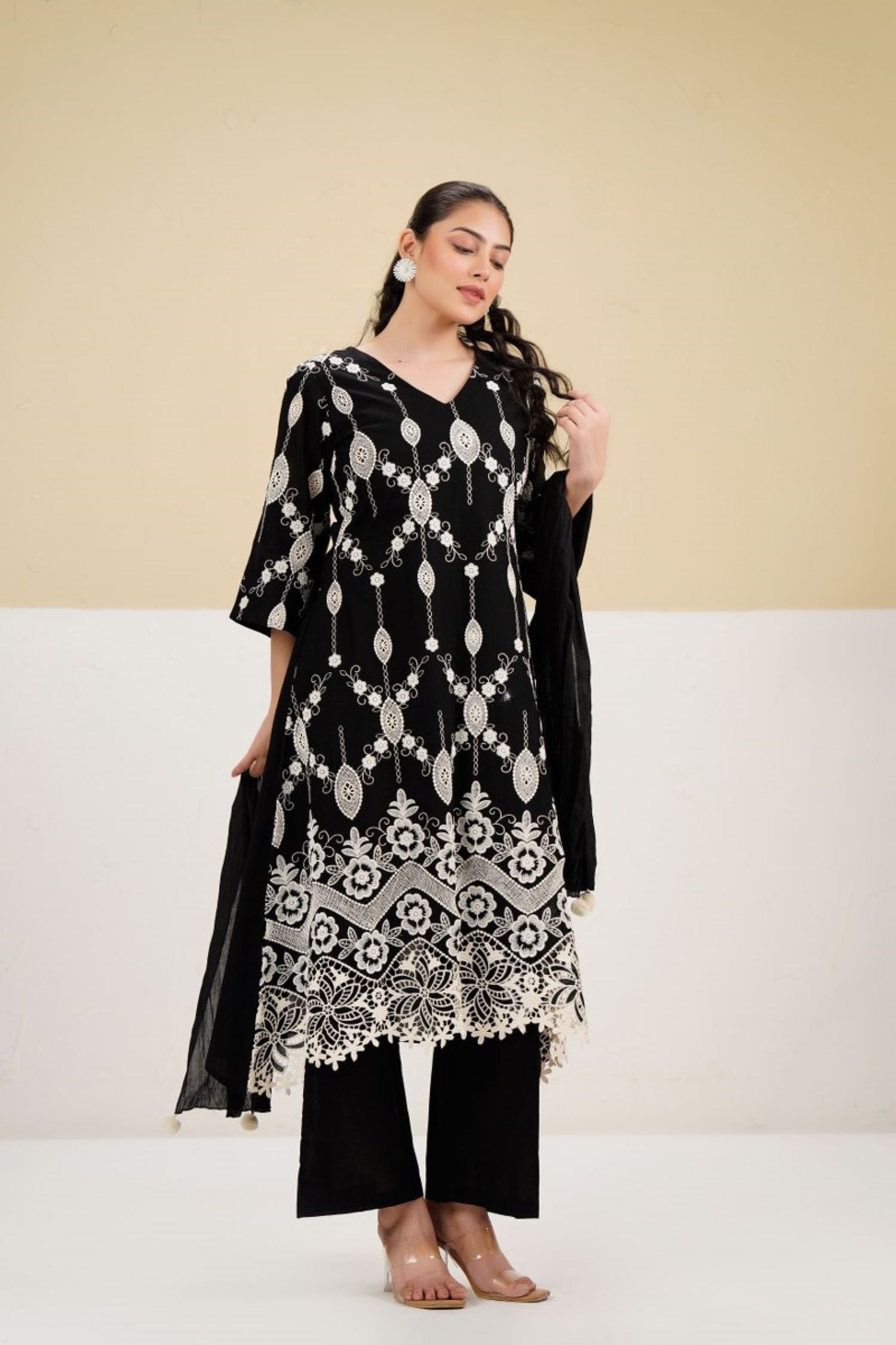 Cotton Embroidered Dupatta Set in Black.