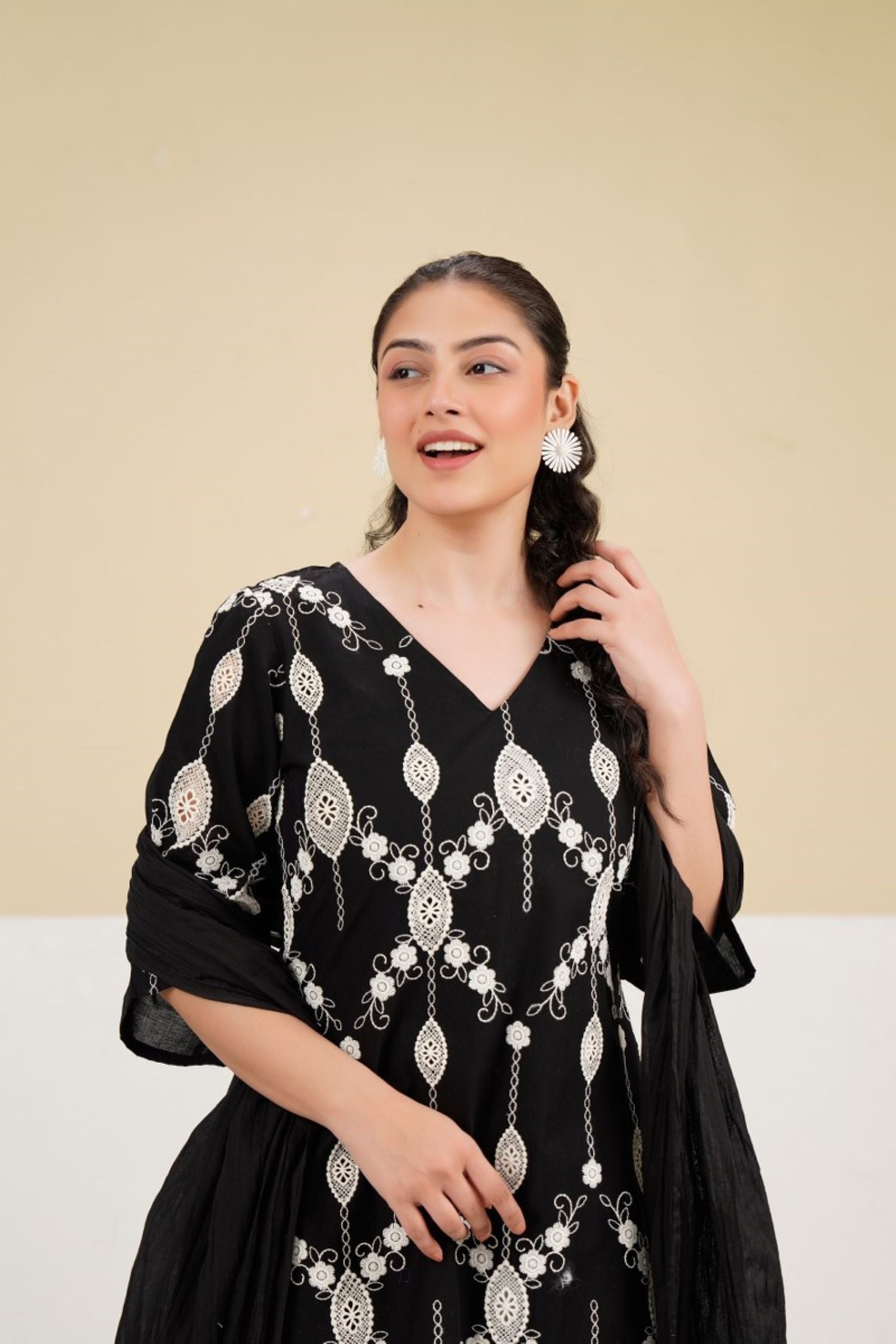 Cotton Embroidered Dupatta Set in Black.