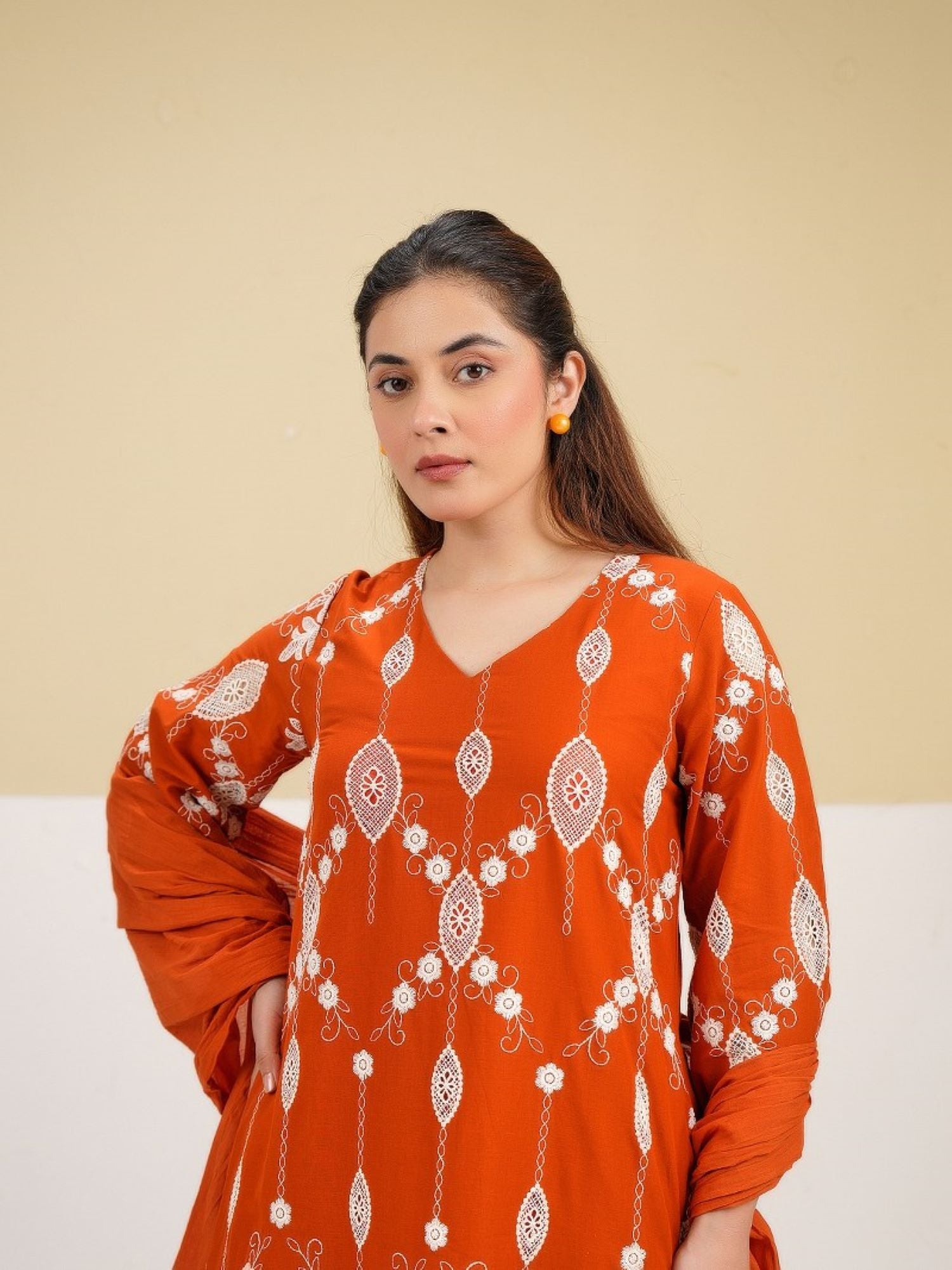Cotton Embroidered Dupatta Set in Orange.