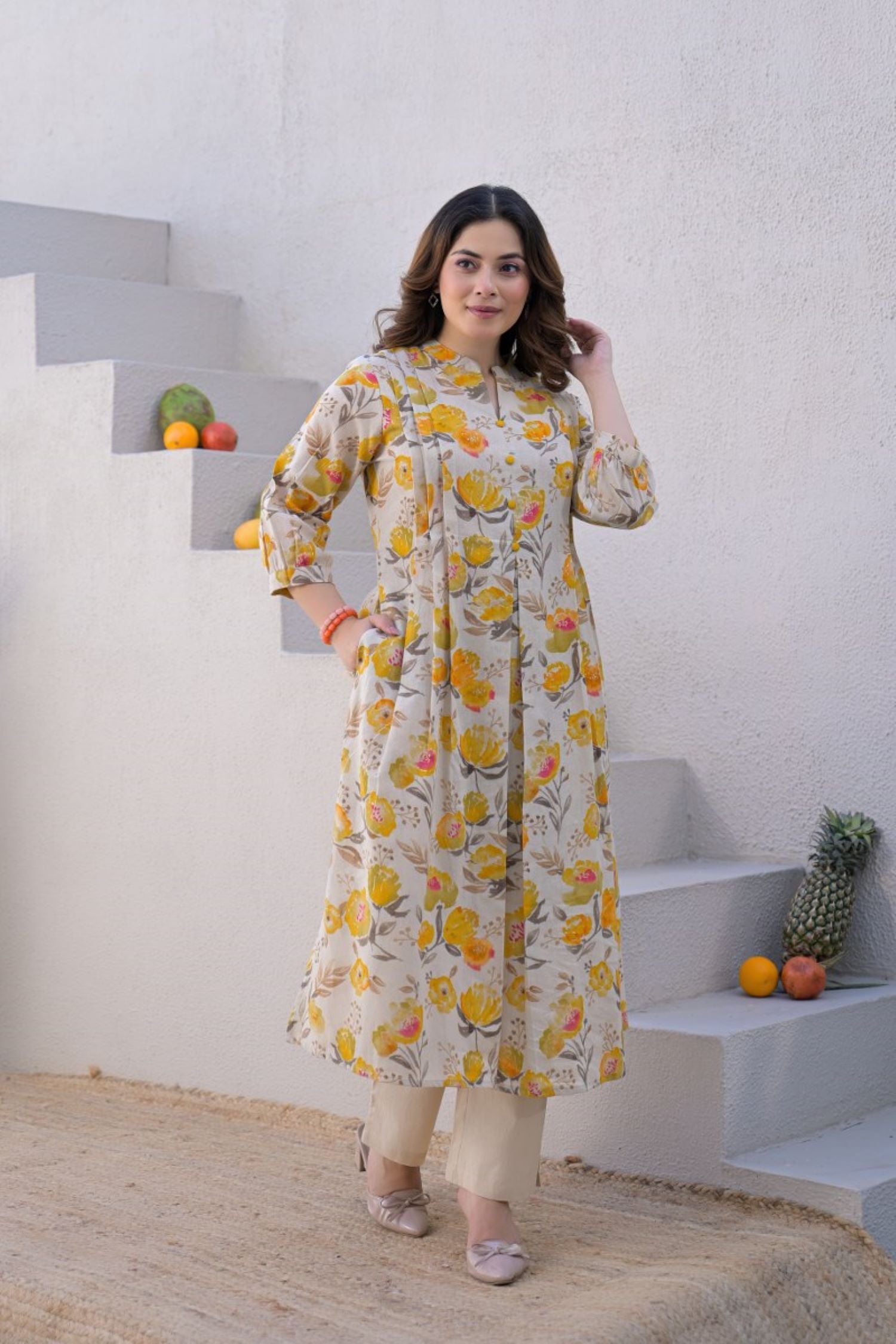 Summer Kurta Cord set Yellow Floral Print.