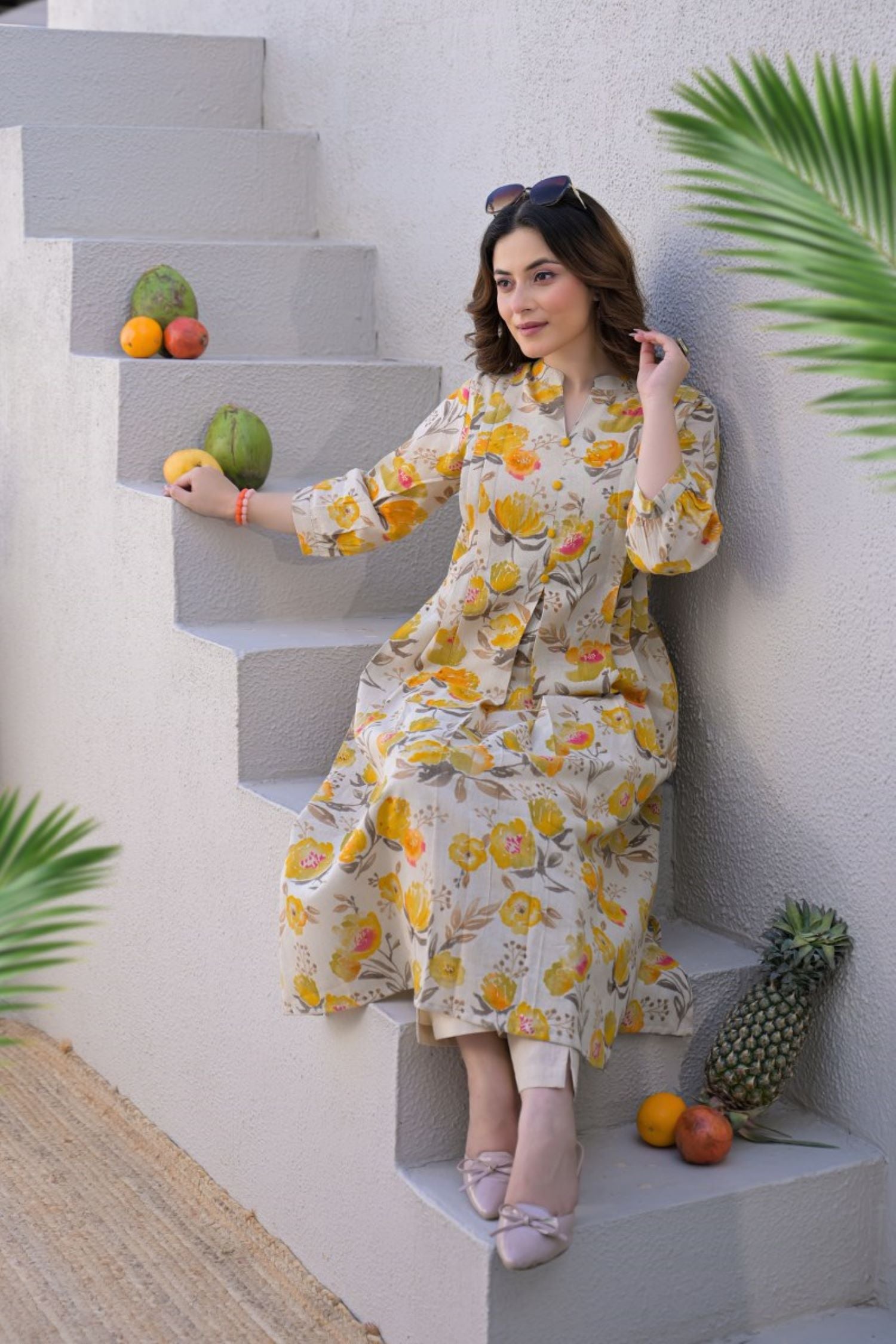 Summer Kurta Cord set Yellow Floral Print.