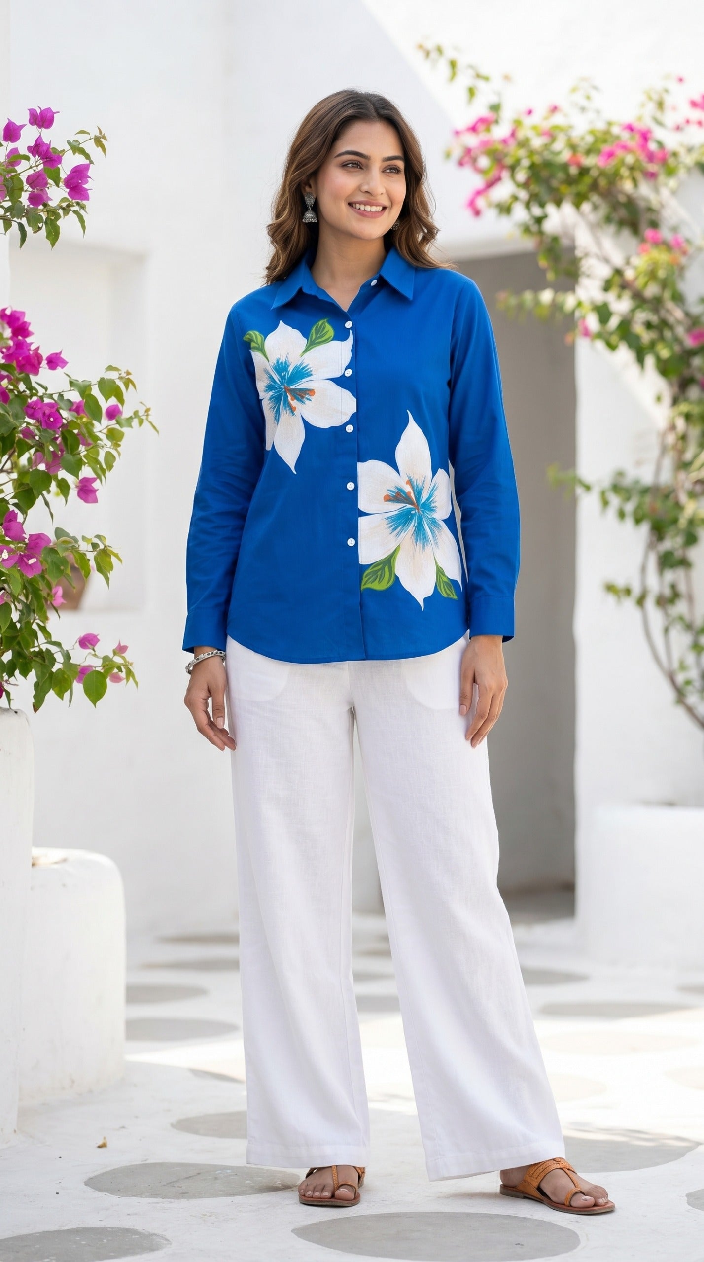 Women Relaxed Cotton Shirt in Blue.