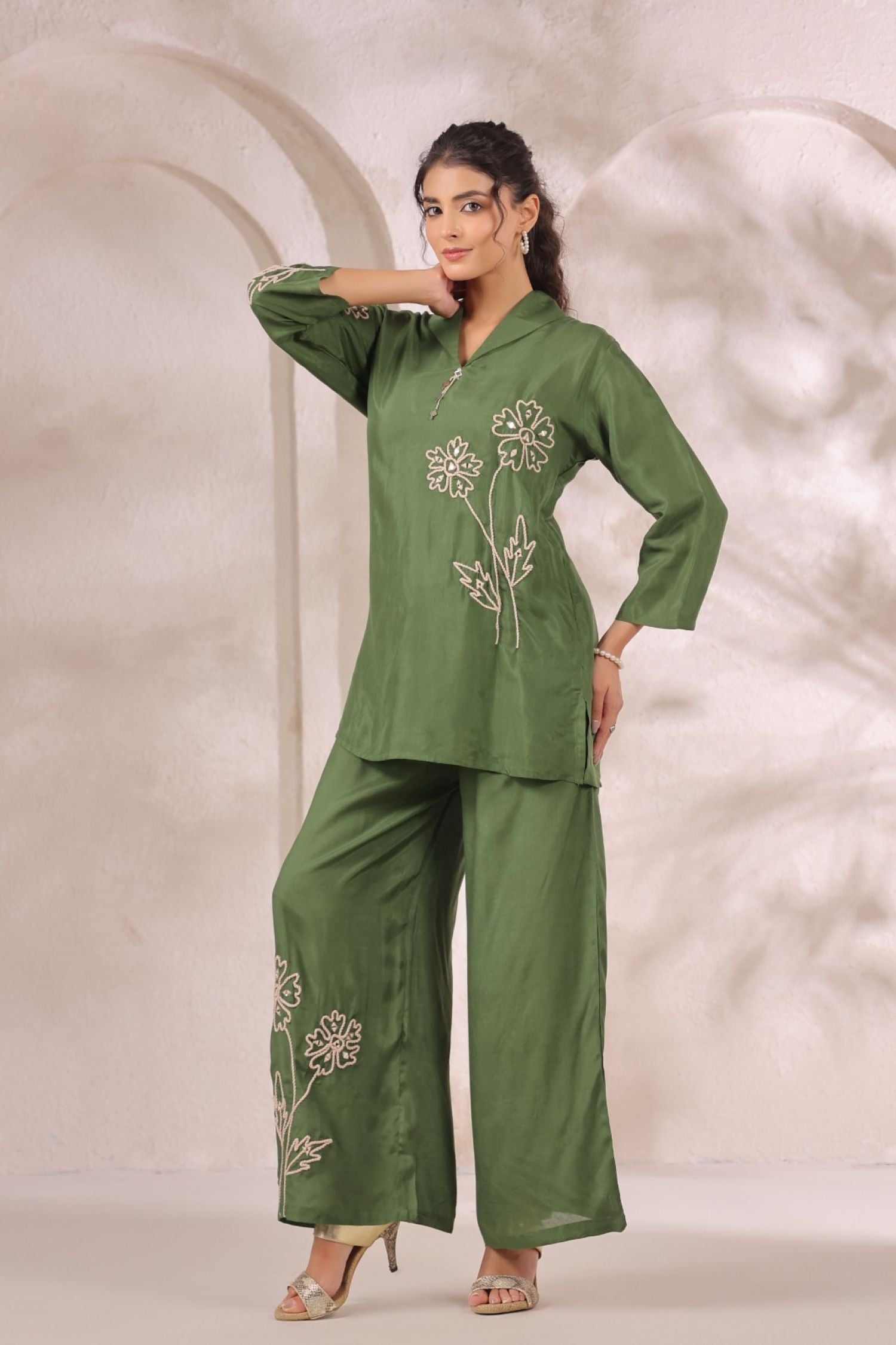 Mehendi Green Satin Golden Floral Embroidered Cord Set