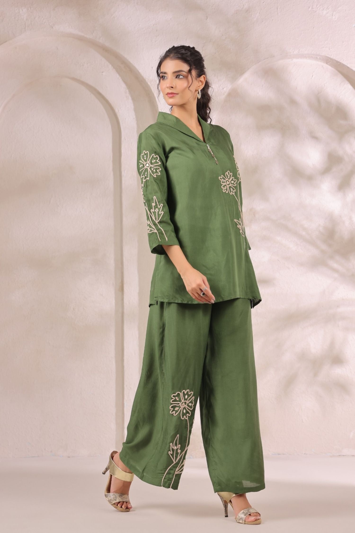 Mehendi Green Satin Golden Floral Embroidered Cord Set