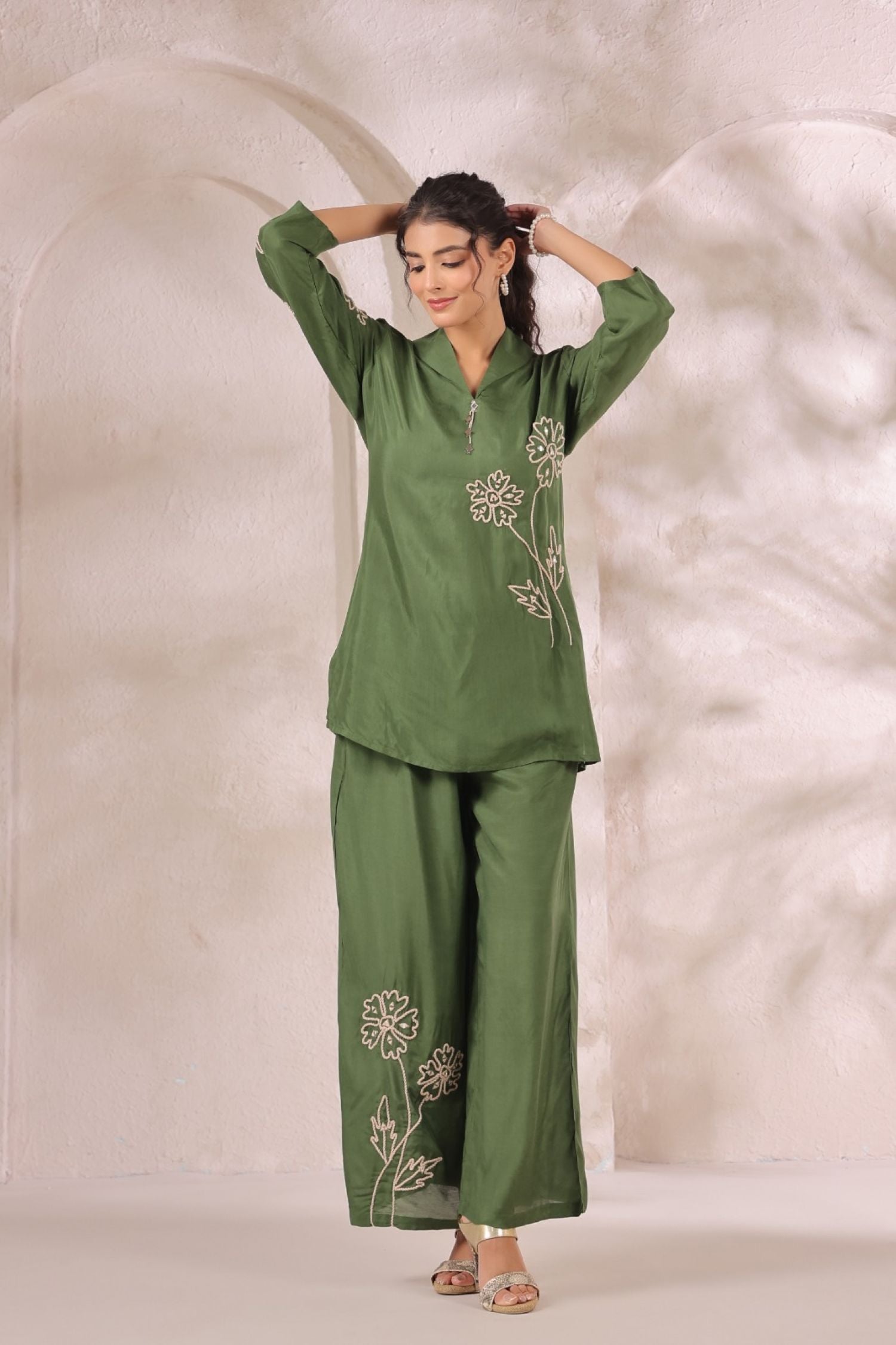 Mehendi Green Satin Golden Floral Embroidered Cord Set