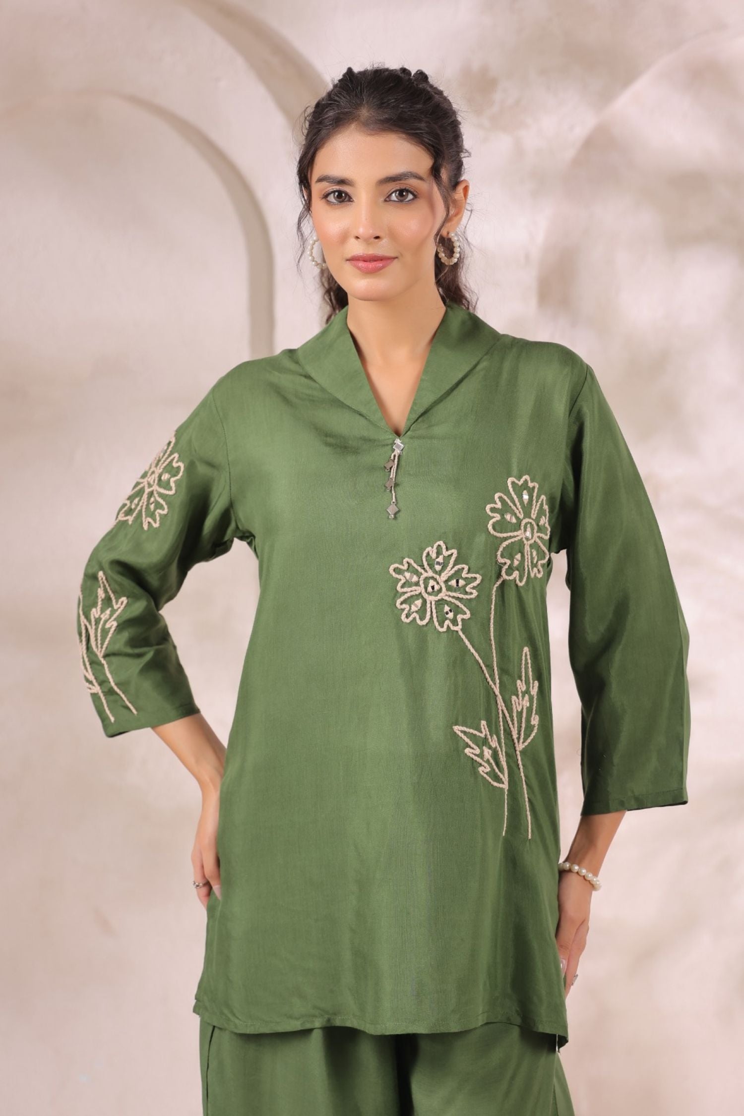 Mehendi Green Satin Golden Floral Embroidered Cord Set