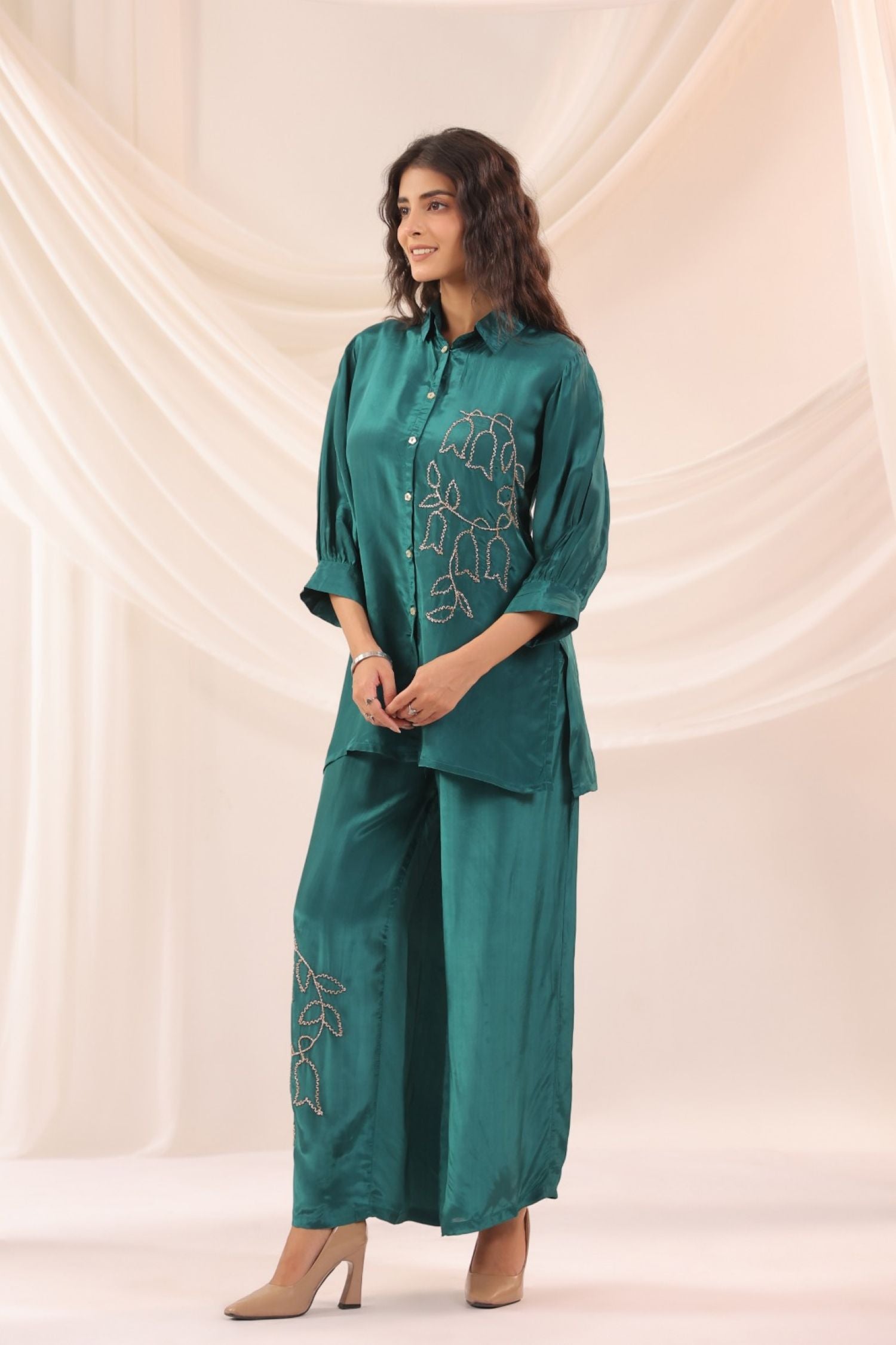 Teal Blue Satin Golden Floral Embroidered Cord Set