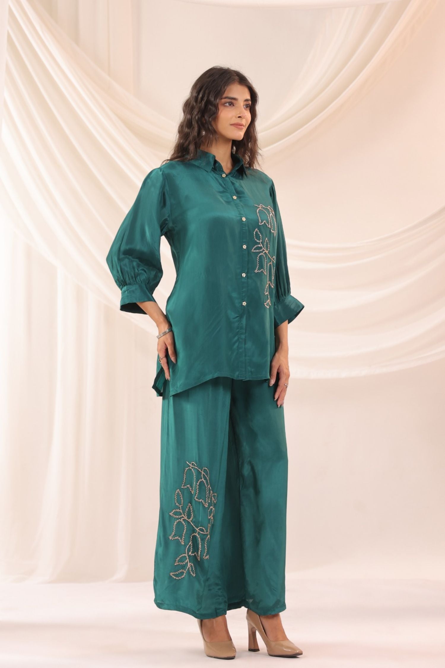 Teal Blue Satin Golden Floral Embroidered Cord Set