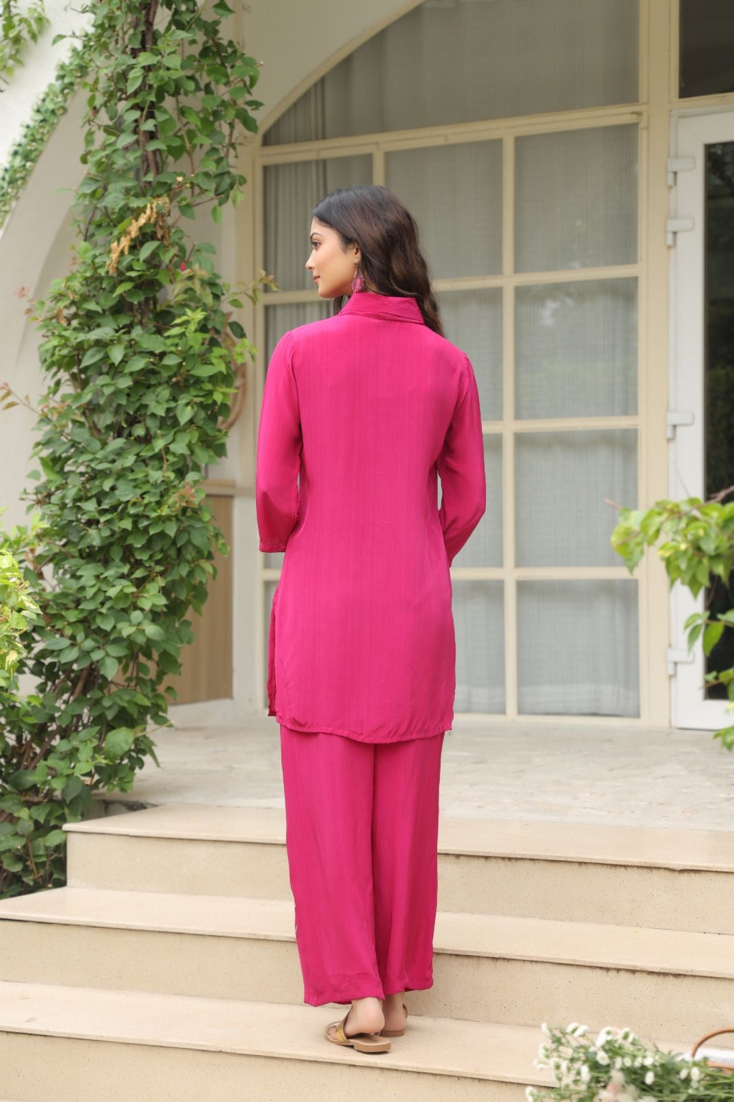 Fuchsia Pink Satin Golden Floral Embroidered Cord Set