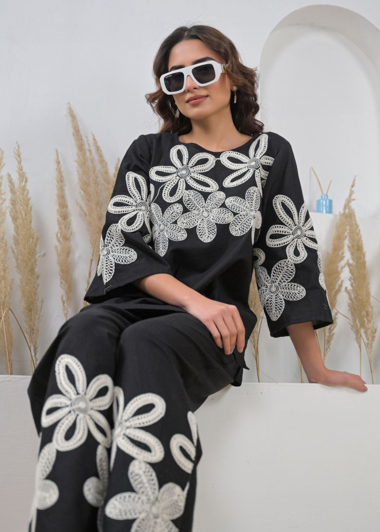 Black Cotton Embroidered Top and Bottom Cord set